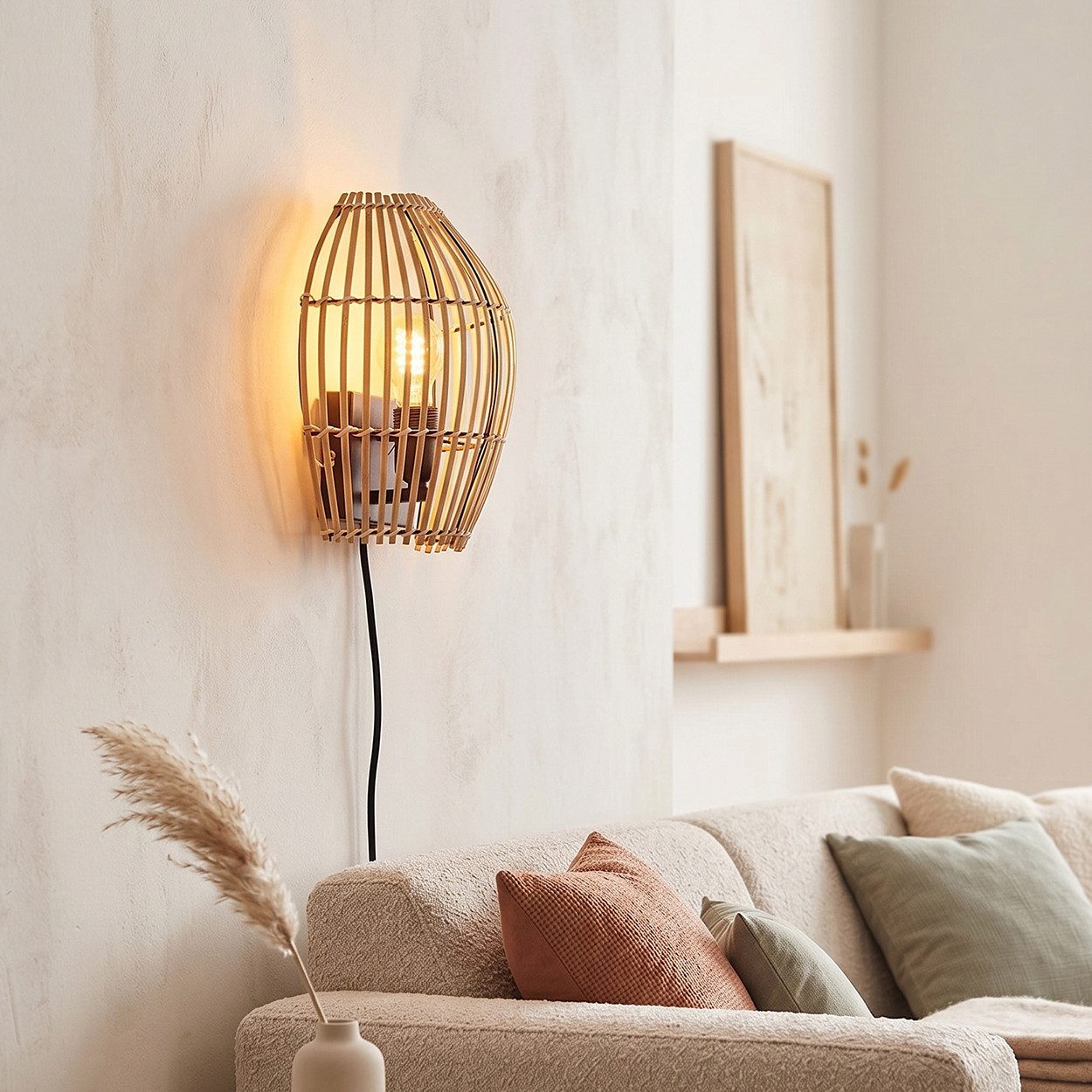 hofstein Wandleuchte Wandlampe aus Metall/Bambbus in Schwarz/Naturfarben, ohne Leuchtmittel, Leuchte im Boho-Design mit Gitterschirm und Lichteffekt, E27