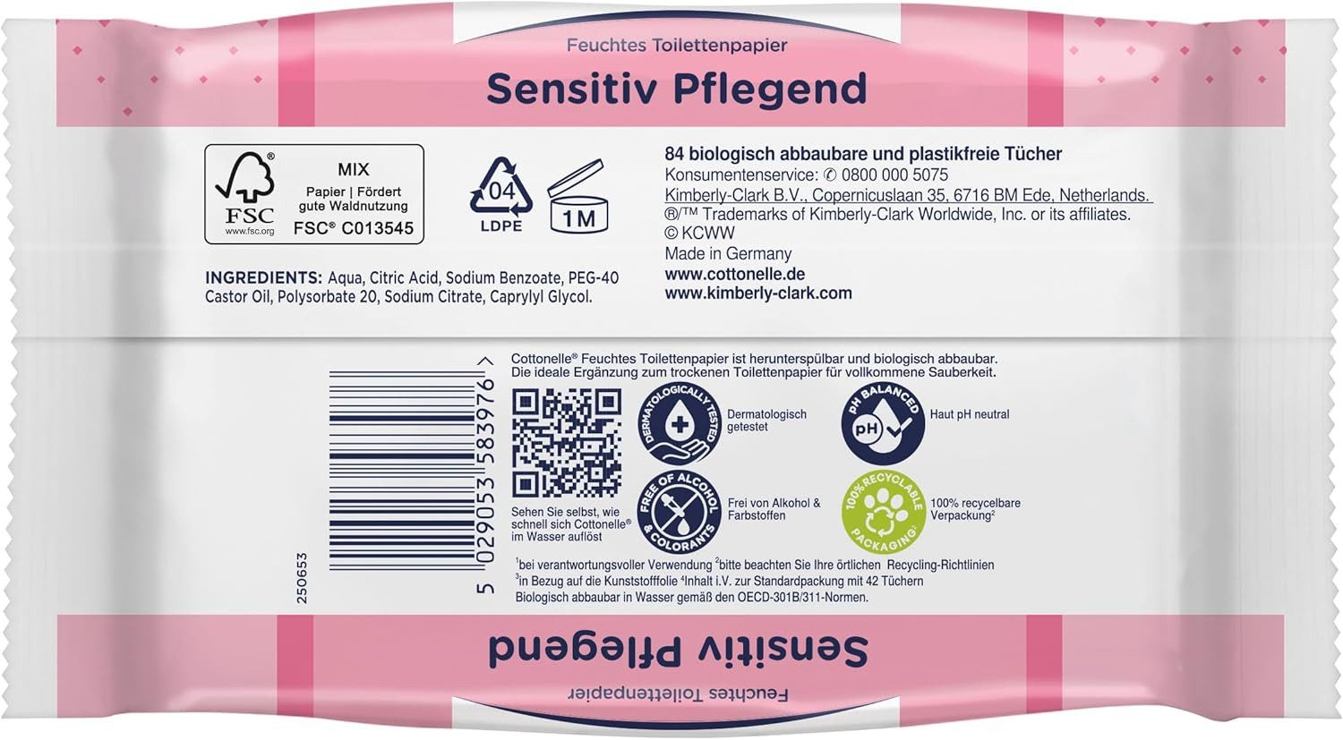 Cottonelle® Toilettenpapier Feuchtes Toilettenpapier Sensitive Pflegend 6 x 84 Feuchttücher (Einzelpack 6 x 84 Tücher), WC-Tücher