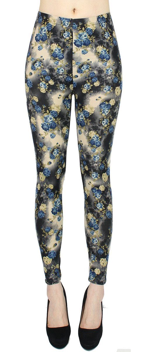 dy_mode Leggings Damen Leggings Blumen Muster Bunte Yogahose Fitness Leggins geblümt mit elastischem Bund, Bunt geblümt