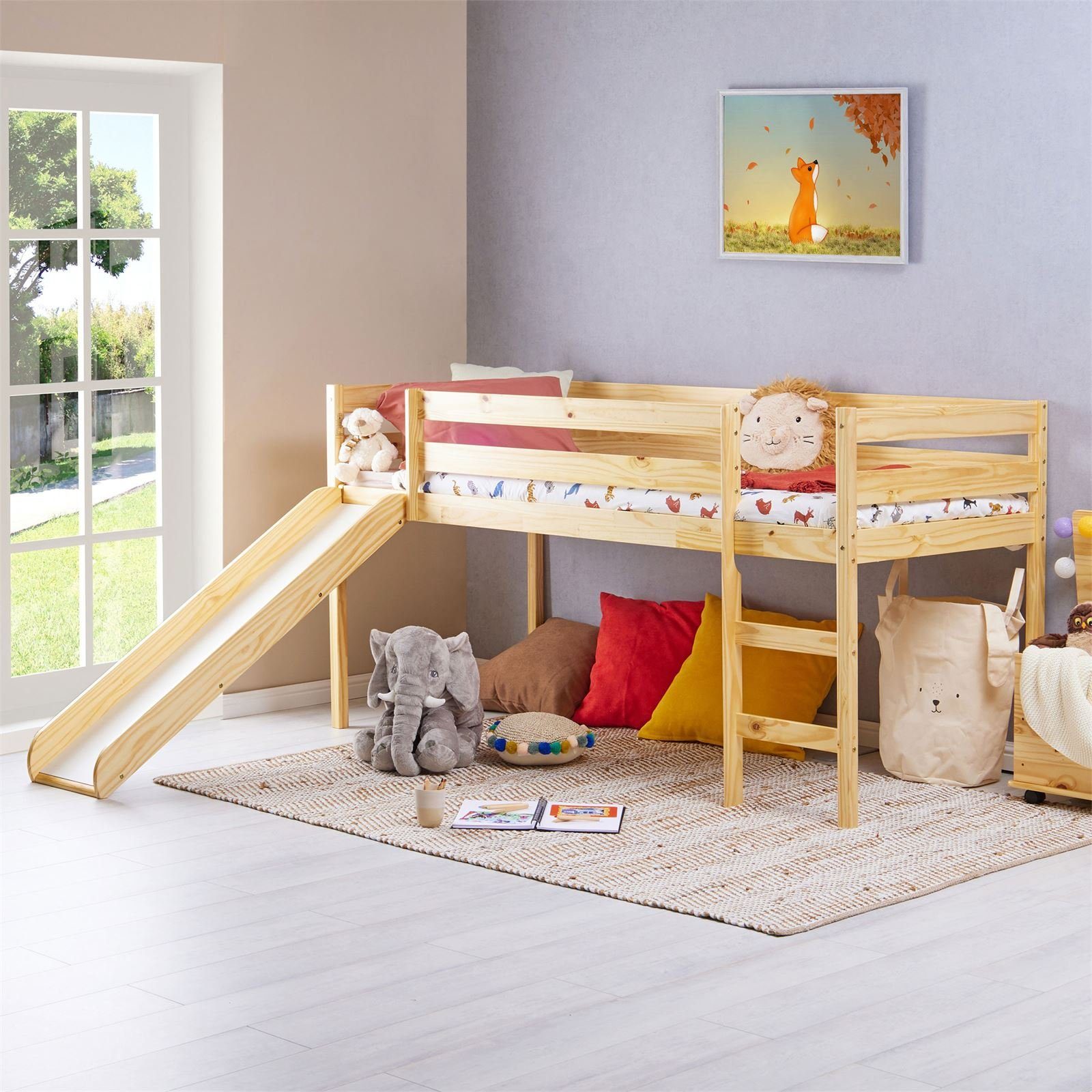 IDIMEX Hochbett BENNY Kinderbett mit Rutsche 90x200 cm aus Massivholz Natur günstig online kaufen