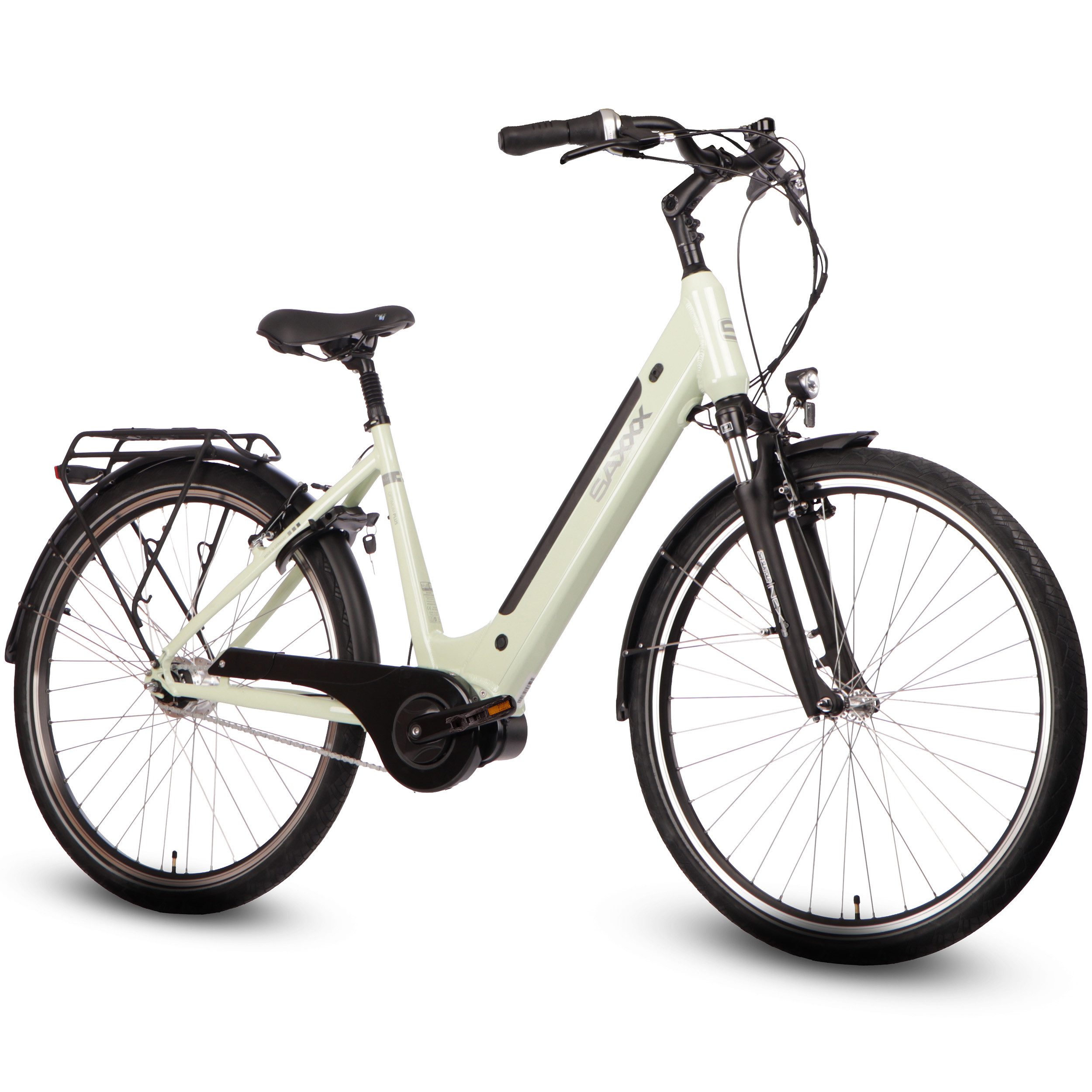 SAXXX E-Bike Cityrad 28'' für Damen und Herren, Pedelec E-Citybike 60-100km, V-Bremsen, 7 Gang Shimano Nexus Schaltwerk, Nabenschaltung, Mittelmotor, 418 Wh, (mit Akku-Schlüssel, mit Rahmenschloss, mit Gepäckträger), Elektrofahrrad mit Federgabel und gefederter Sattelstütze