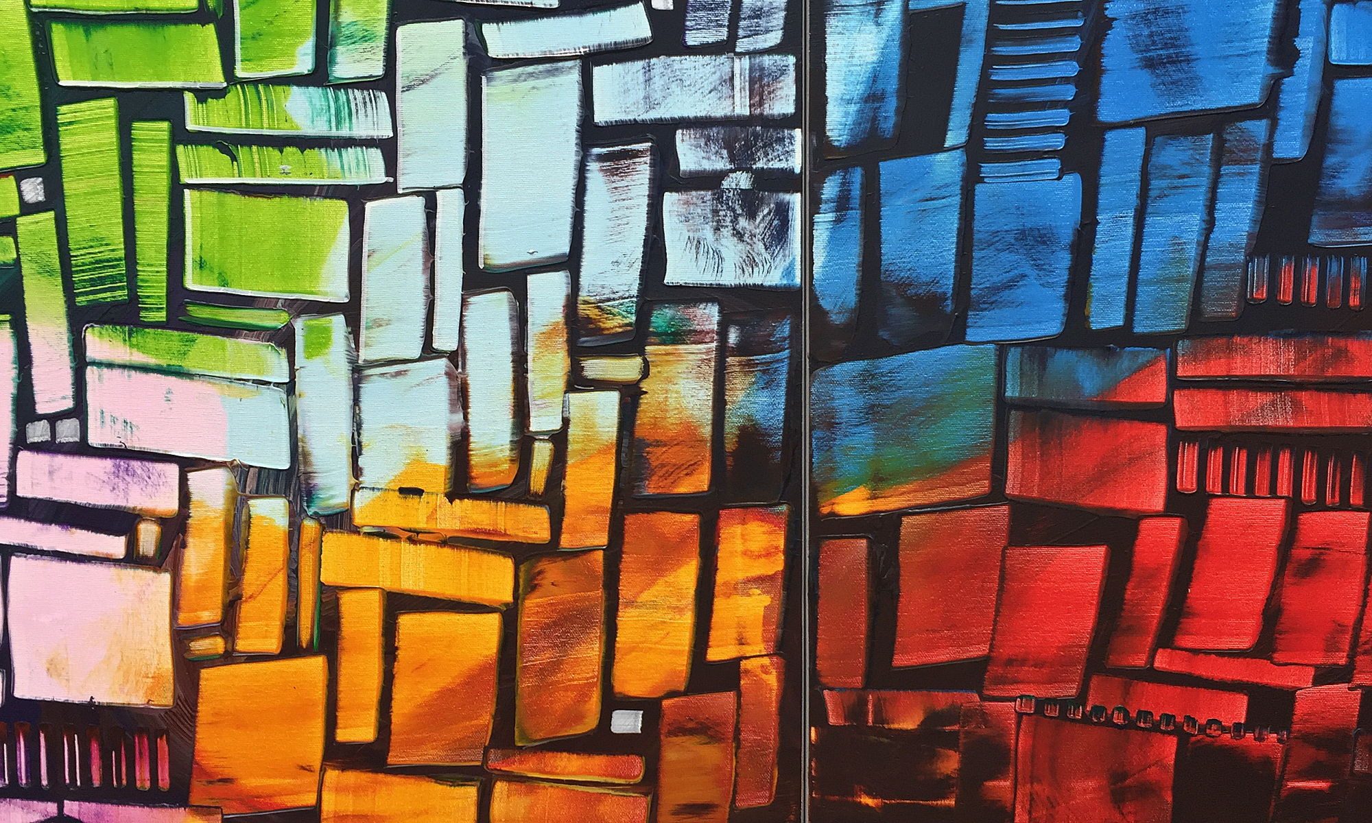 WandbilderXXL XXL-Wandbild Cubic Colors 210 x 70 cm, Abstraktes Gemälde, handgemaltes Unikat