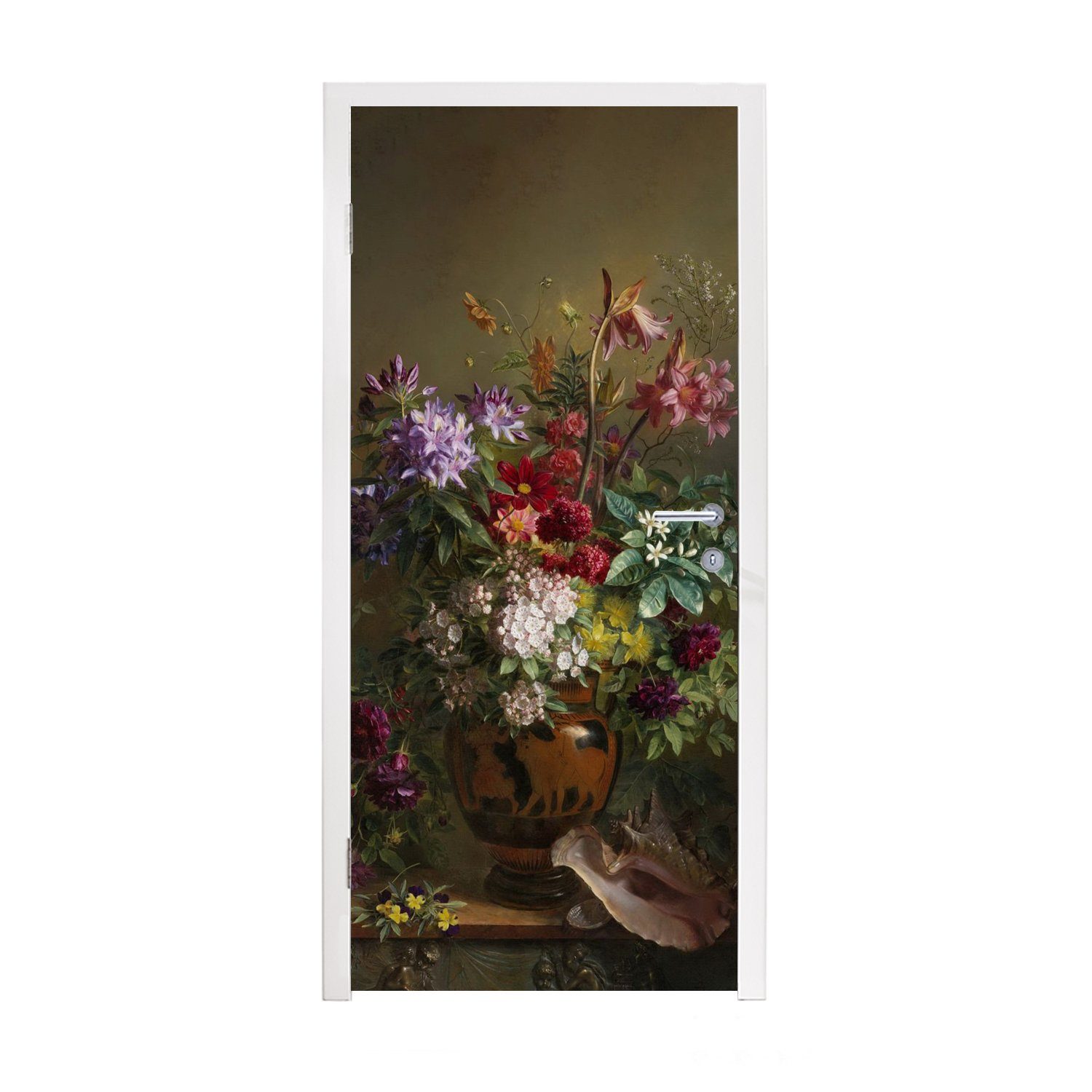 MuchoWow Türtapete Stilleben mit Blumen in einer griechischen Vase - Alte Meister - Kunst, Matt, bedruckt, (1 St), Fototapete für Tür, Türaufkleber, 75x205 cm