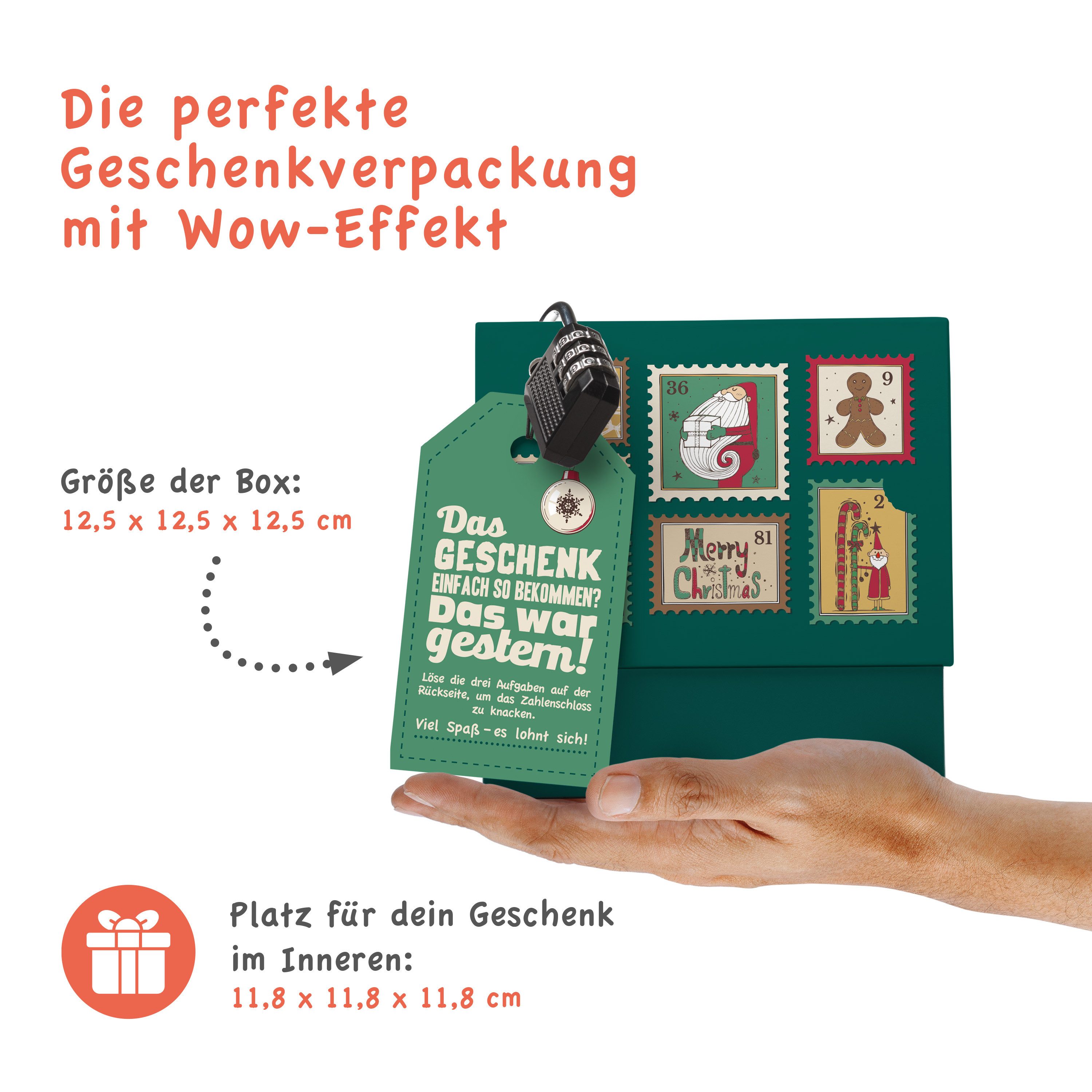 SURPRISA Geschenkbox Geschenkbox Weihnachten, Rätselbox Geldgeschenke oder Gutscheine, Briefmarken, 12,5 x 12,5 x 12,5 cm, Grün