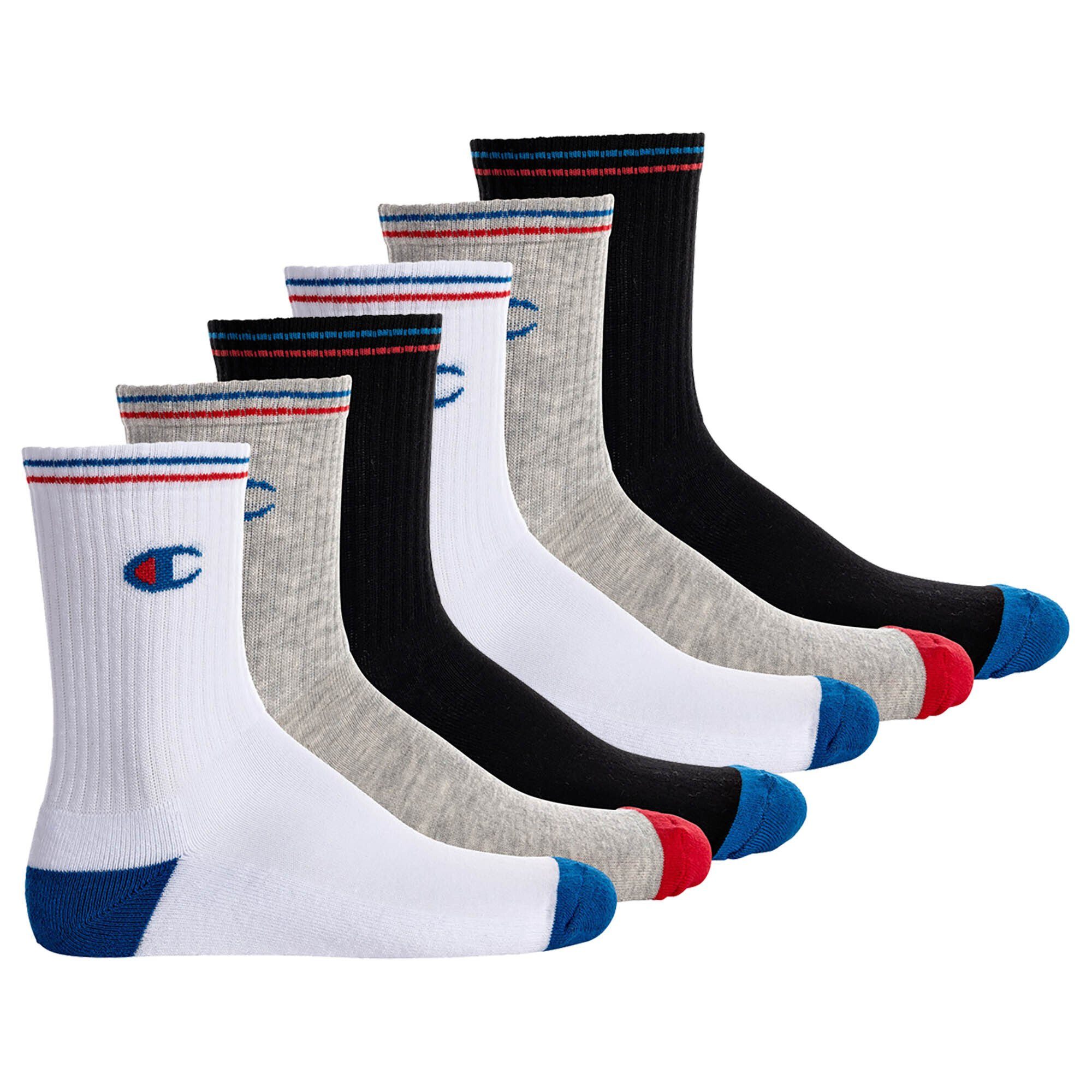 Champion Kurzsocken Unisex Socken, 6 Paar - Crew Socken, Logo Schwarz/Weiß/Grau
