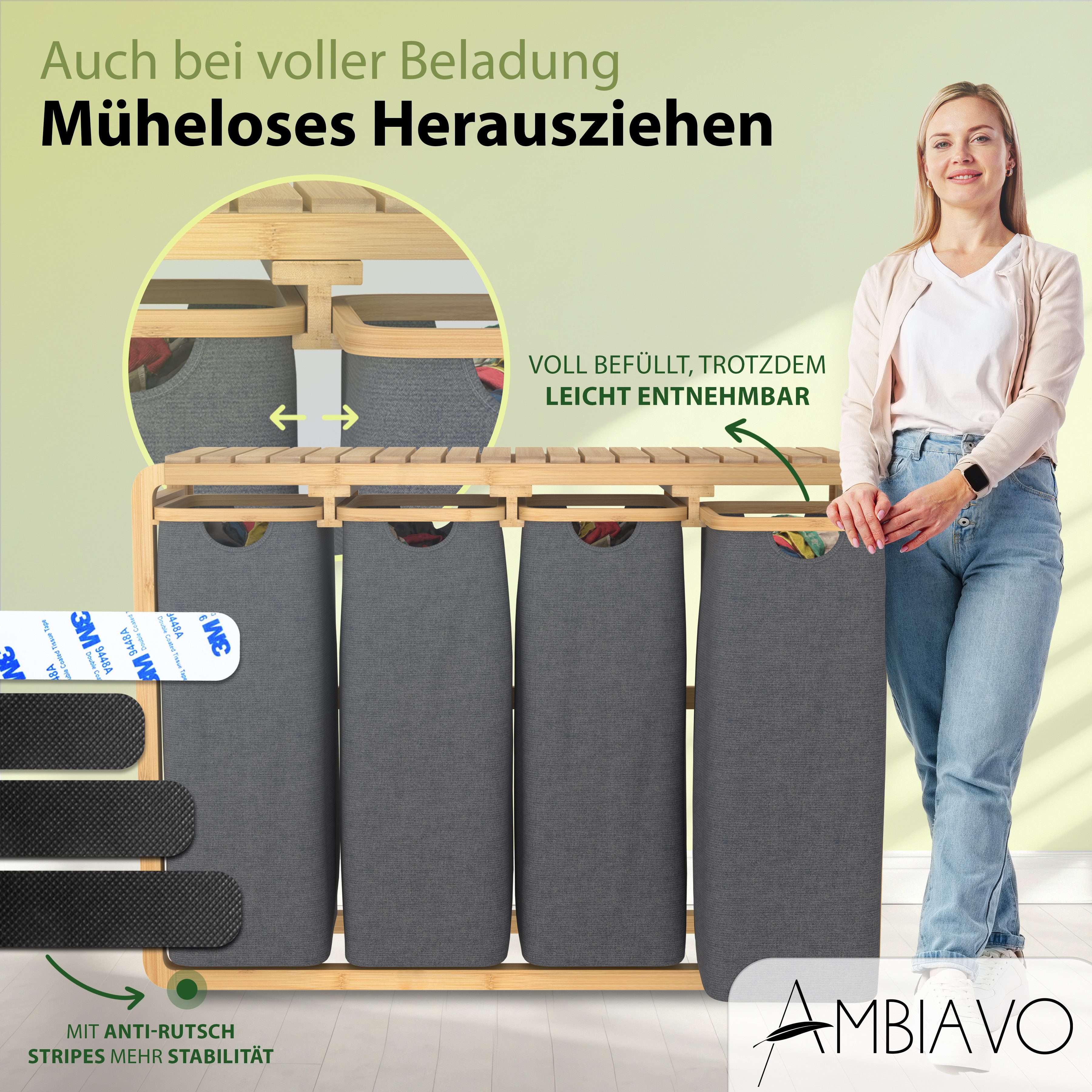 AMBIAVO Wäschekorb 4 Fächer mit waschbaren Baumwollsäcken, 200 L Volumen, stabiler 3x3 cm Bambusrahmen, innovatives Design – Bild 4 von 5