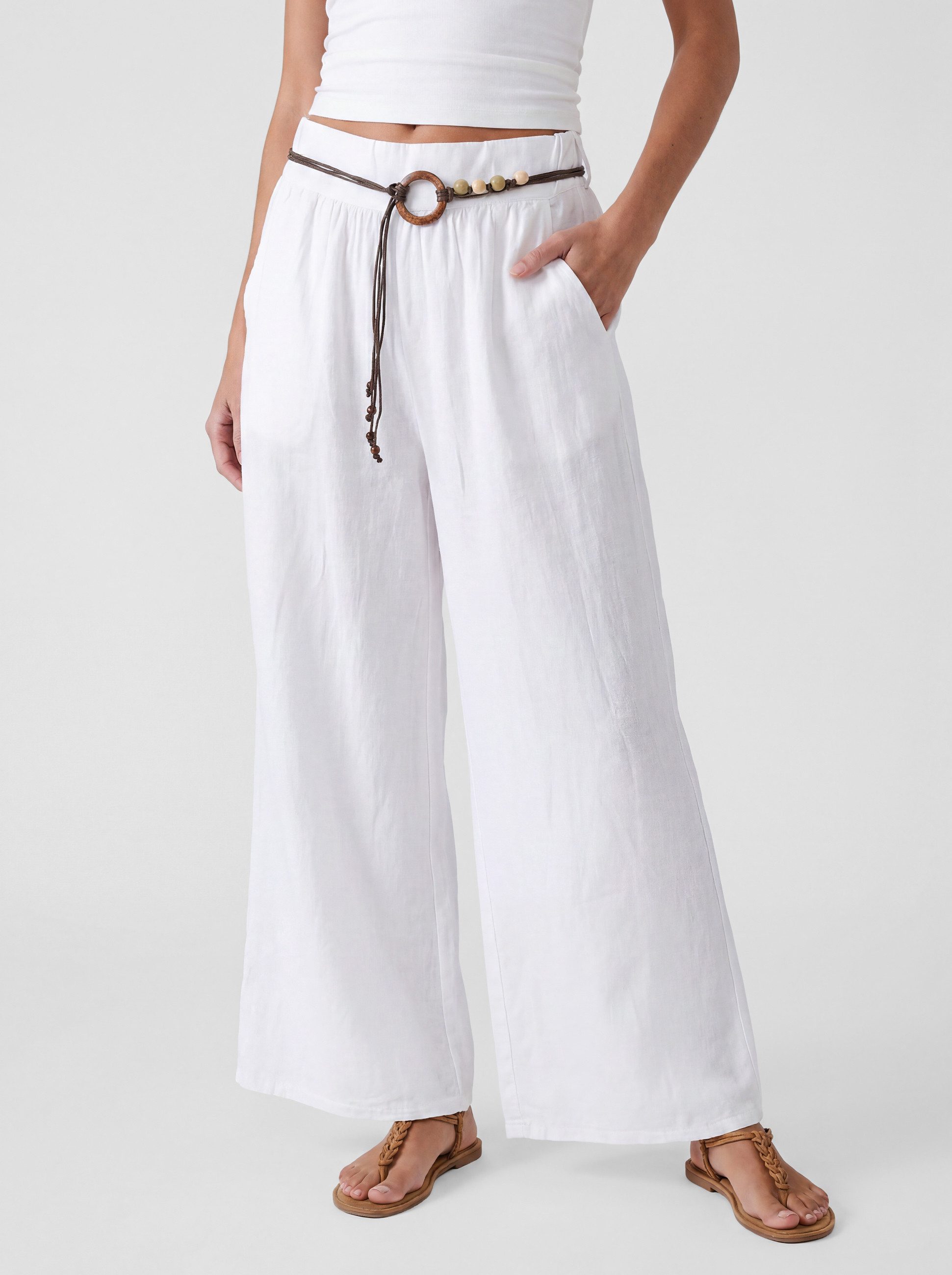 PEKIVESSA Leinenhose Wide-Leg Schlupfhose mit weitem Bein und Gürtel