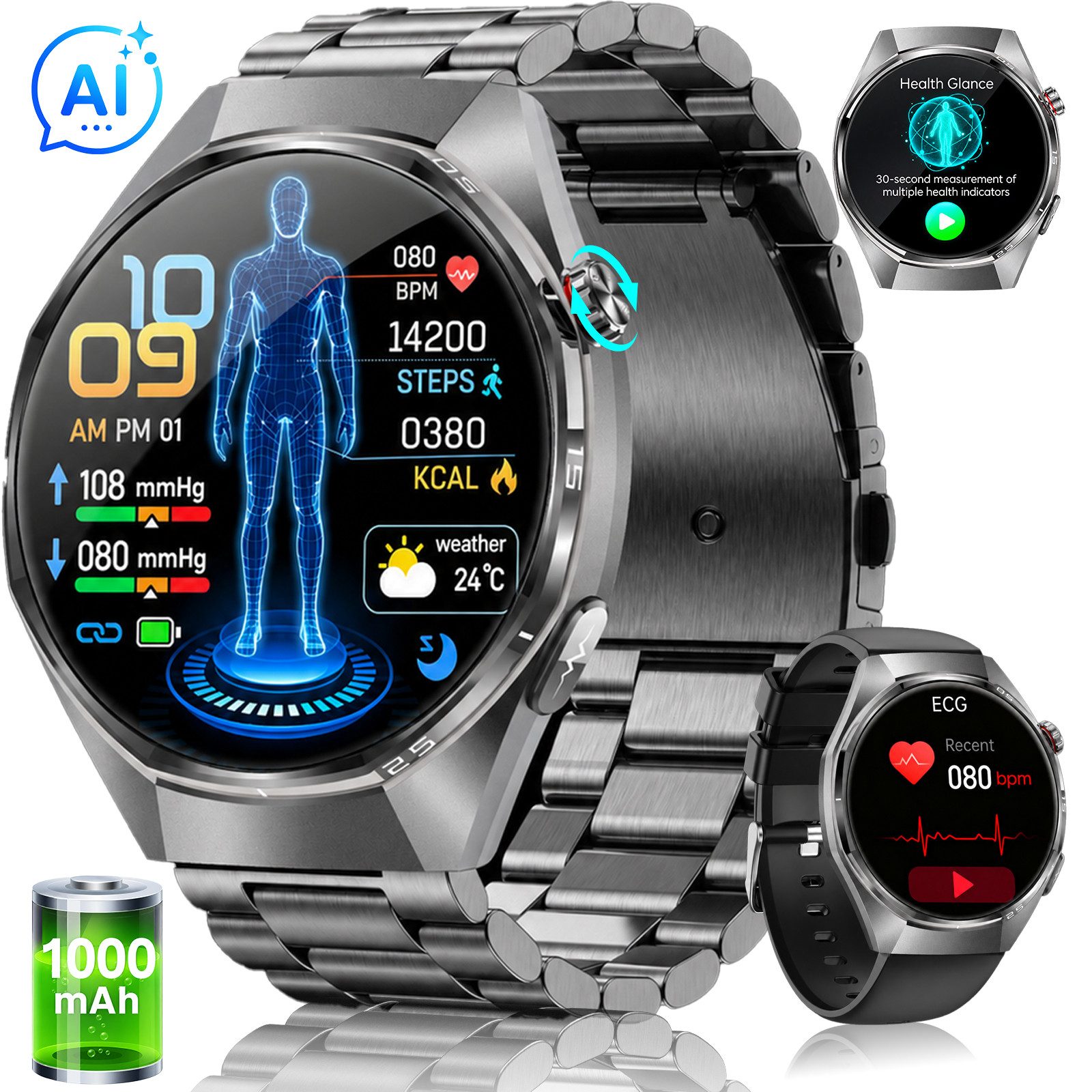 SWGOTA Smartwatch Herren Damen mit AI-Gesundheitsanalyse/EKG+PPG/HRV/BMI/SpO₂ Smartwatch 1,43"AMOLED Fitness Tracker mit 1000mAh,MET-Messung,Pulsuhr,Βlutdruck, 24 Std. Schlafüberwachung,Körpertemperatur,100+Sportmodi Fitnessuhr
