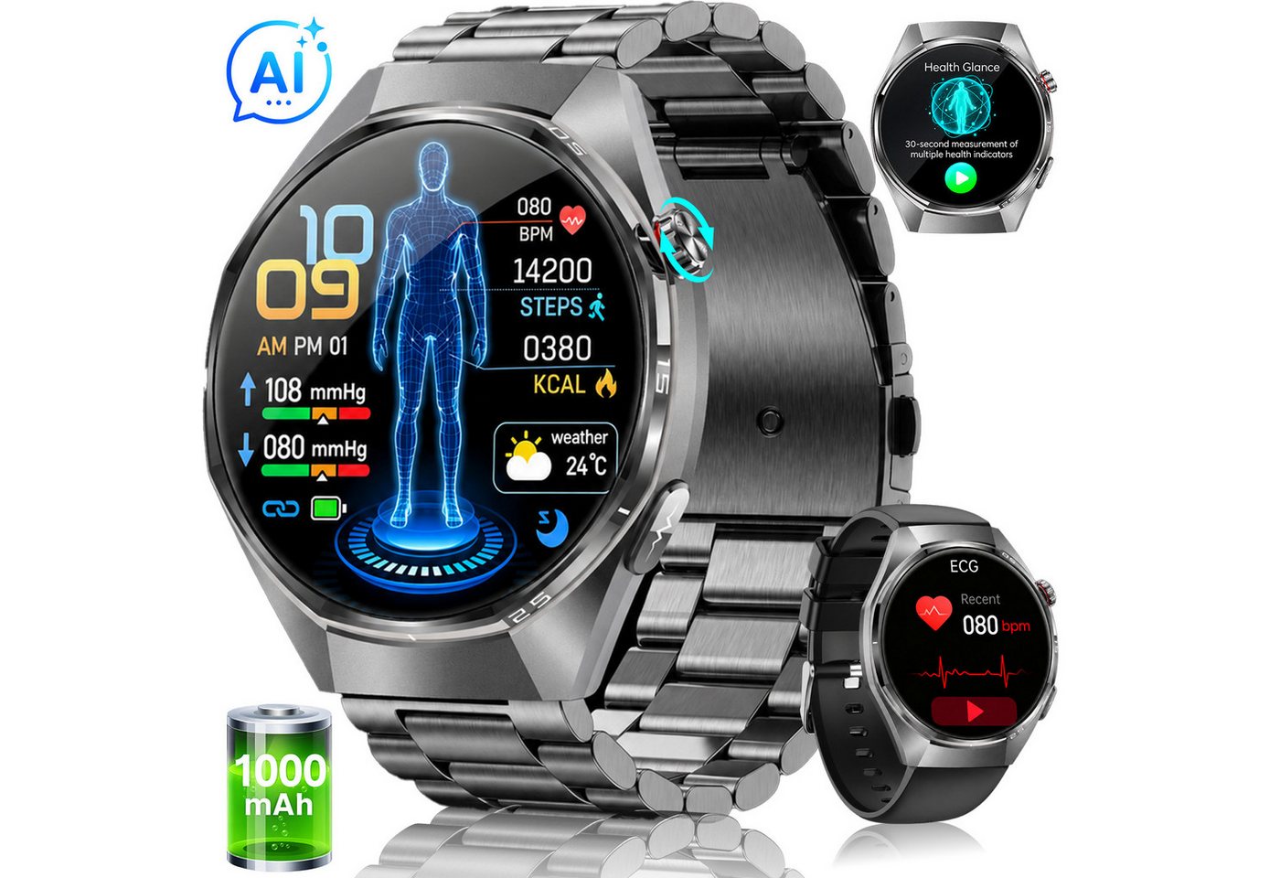 SWGOTA Smartwatch Herren Damen mit AI-Gesundheitsanalyse/EKG+PPG/HRV/BMI/SpO₂ Smartwatch 1,43"AMOLED Fitness Tracker mit 1000mAh,MET-Messung,Pulsuhr,Βlutdruck, 24 Std. Schlafüberwachung,Körpertemperatur,100+Sportmodi Fitnessuhr