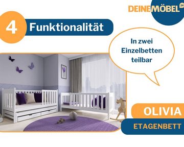 Deine Möbel 24 Etagenbett Hochbett OLIVIA für 3 Kinder 80x180 90x200 Weiß aus Massivholz (Matratzen optional, Kinderbett mit Rausfallschutz, 2 Bettkästen, Lattenrost und Leiter), aus Vollholz, in 2 Betten umbaubar, mit Ausziehbett