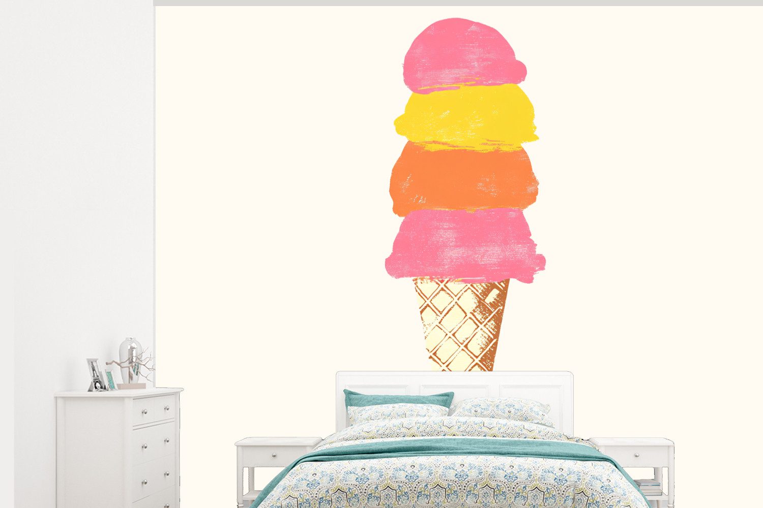 MuchoWow Fototapete Schaufel Eiscreme - Hörner - Illustration - Minimalistisch, Matt, bedruckt, Montagefertig Vinyl Tapete, Wandtapete, 275x220 cm