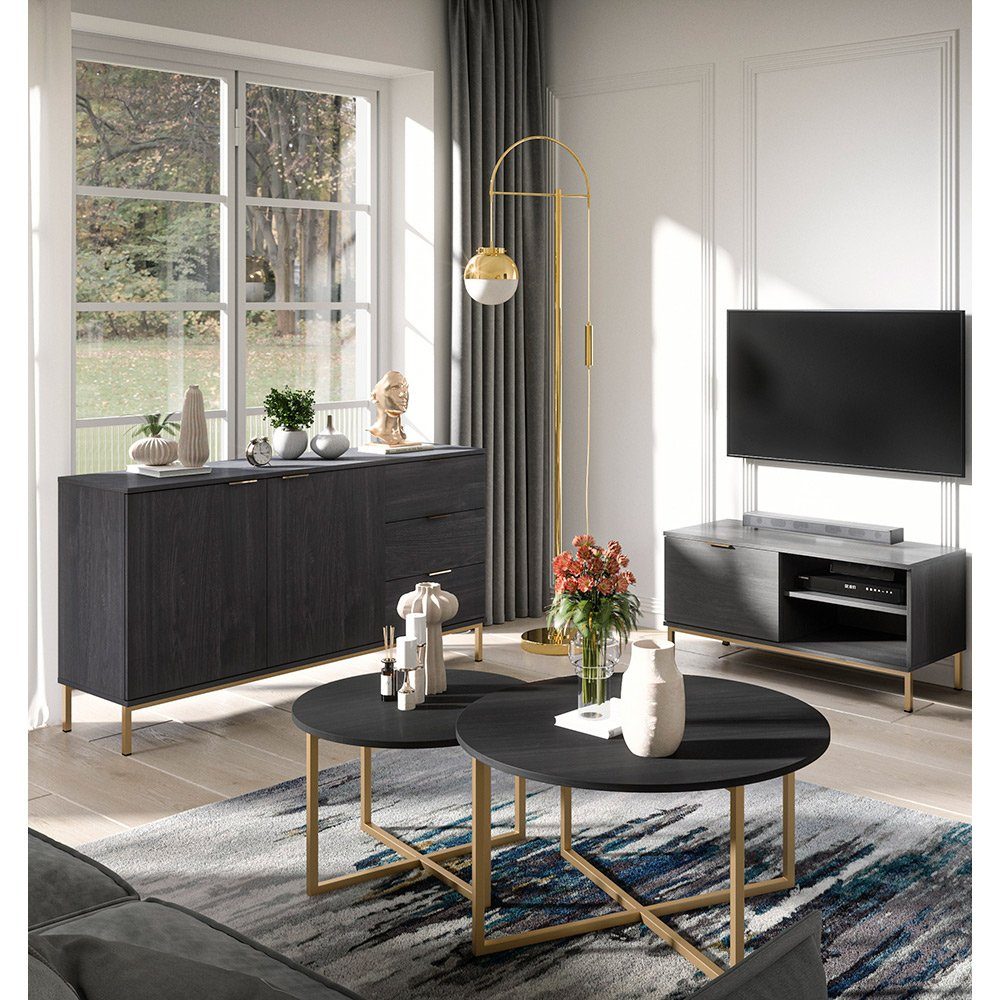 Lomadox Wohnwand PERIA-132, (4-St., 4-tlg), Sideboard & TV Lowboard & Couchtische in Esche schwarz Nb.