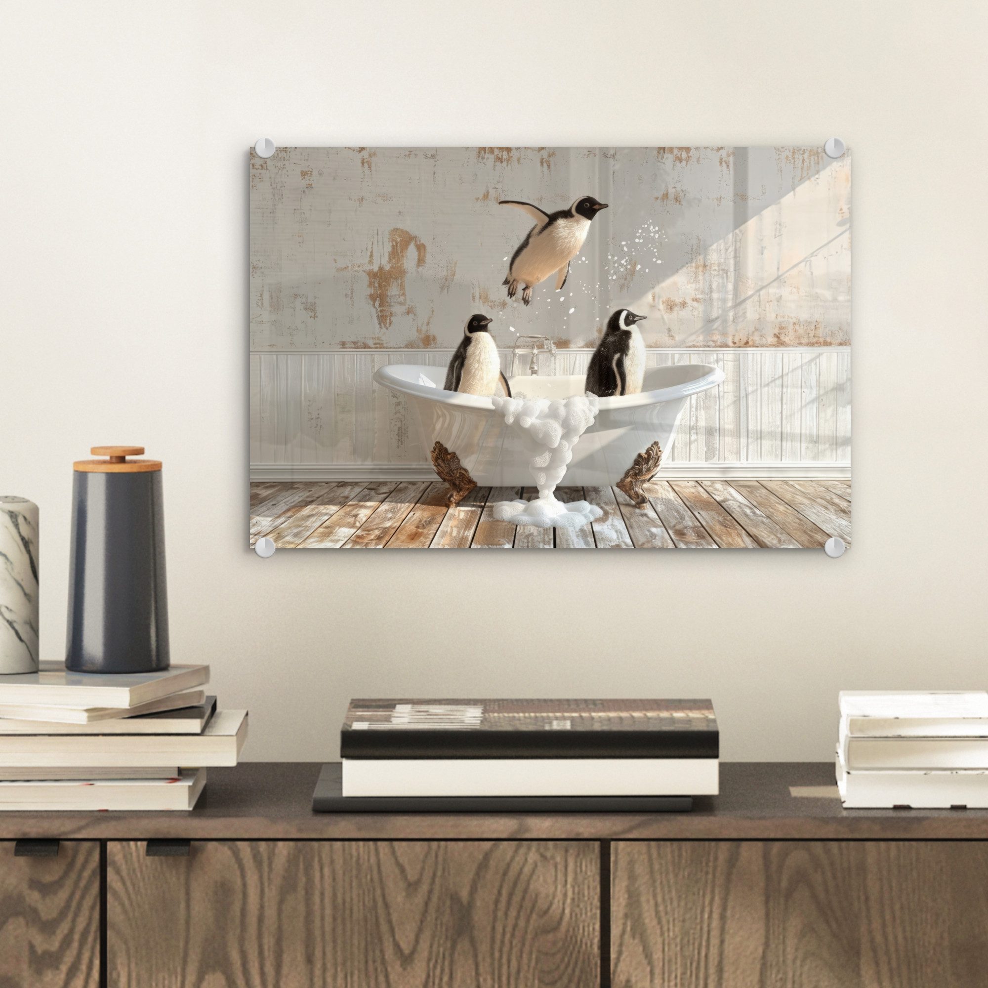 MuchoWow Acrylglasbild Vintage - Pinguin - Badewanne - Schaumstoff, Inkl. A günstig online kaufen