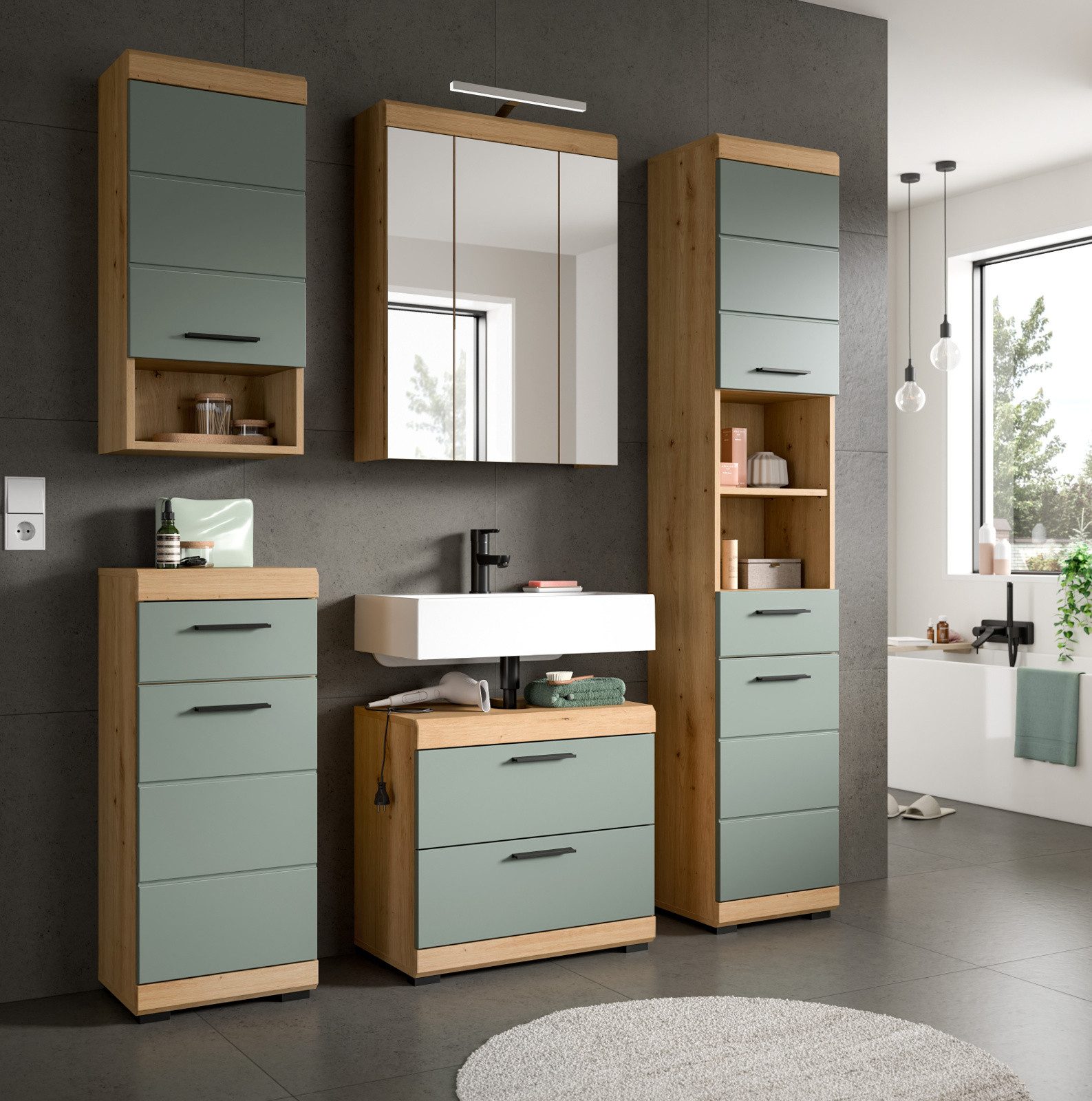 Inn.Furn Badmöbel-Set Shawn, (Badezimmer in Salbei grün und Artisan Eiche, Komplett-Set 5-teilig, 164 x 191 cm), mit extra viel Stauraum – Bild 3 von 5