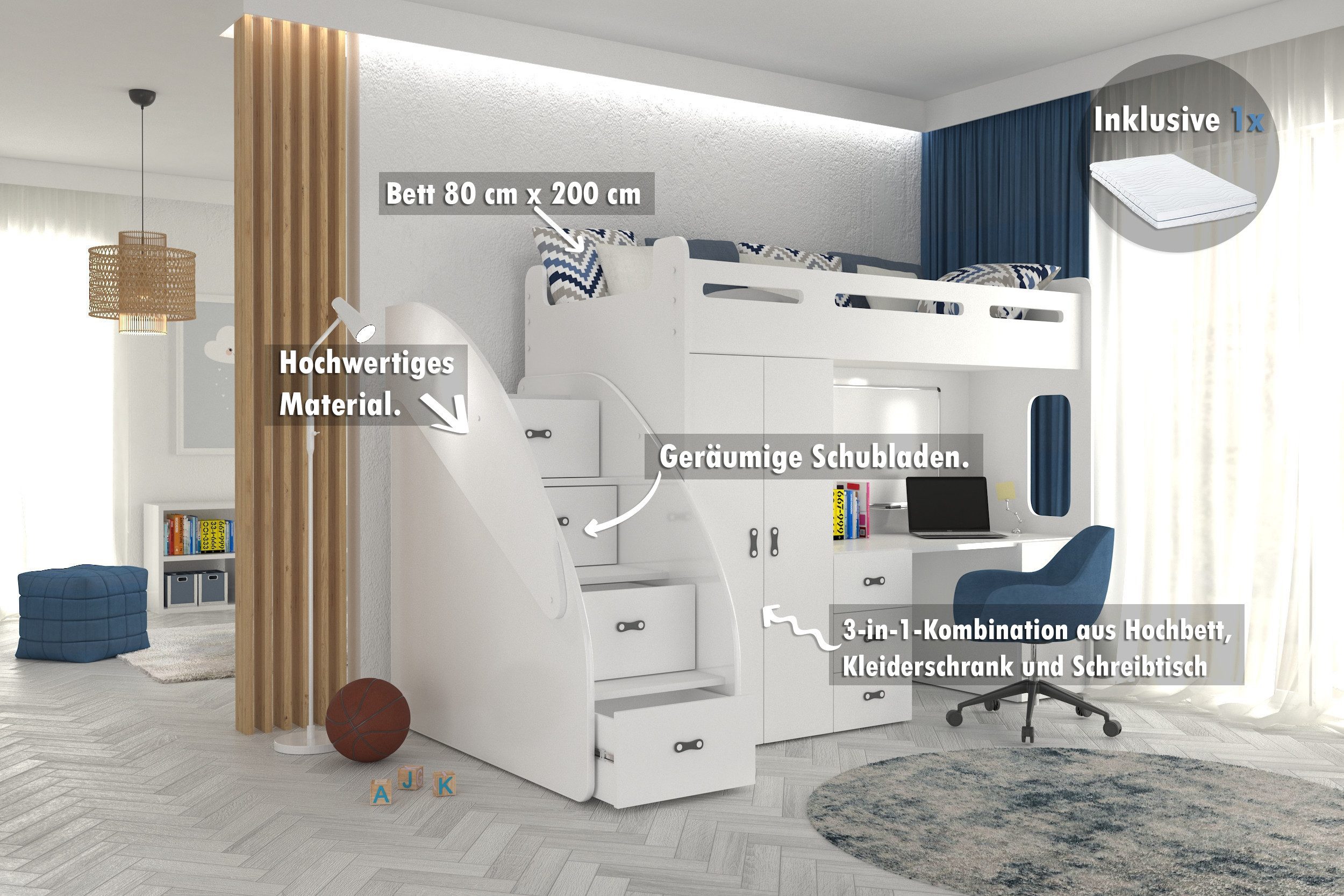 thematys Etagenbett 80x200cm mit Treppe, Schrank und Schreibtisch Hochglanz (für Jungen und Mädchen, Jugendbett, Kleiderschrank, Kinderzimmer, 3 in 1, 180cm x 1 – Bild 2 von 5