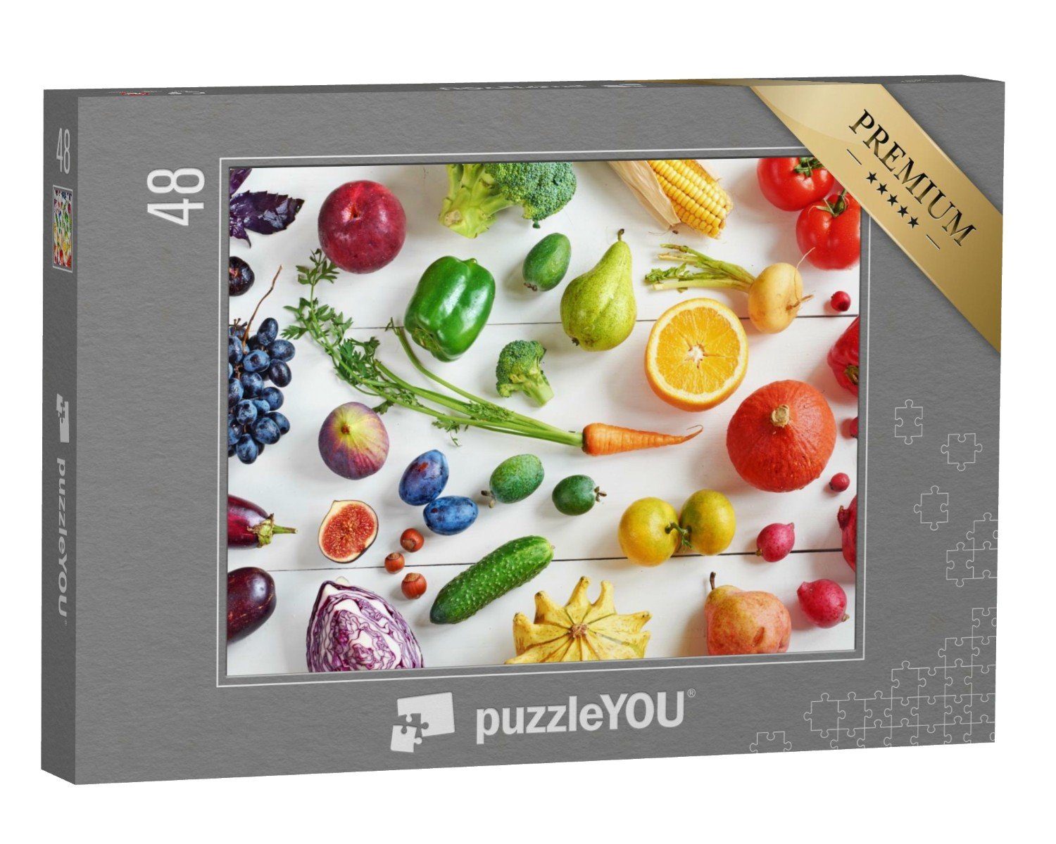 puzzleYOU Puzzle Obst und Gemüse auf einem weißen Tisch, 48 Puzzleteile, puzzleYOU-Kollektionen Obst, Gemüse, Essen und Trinken