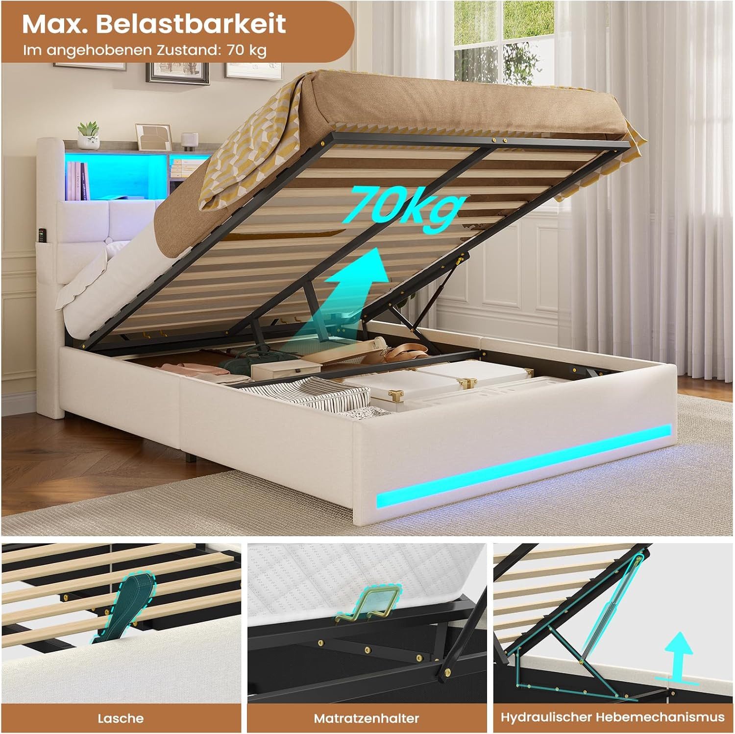 MSMASK Polsterbett Hydraulisches Stauraumbett mit LED-Bleuchtung, 90X200 cm (1-tlg., Ohne Matratze), Jugendbett mit USB- und Type-C-Anschlüsse, Leinenstoff – Bild 5 von 5