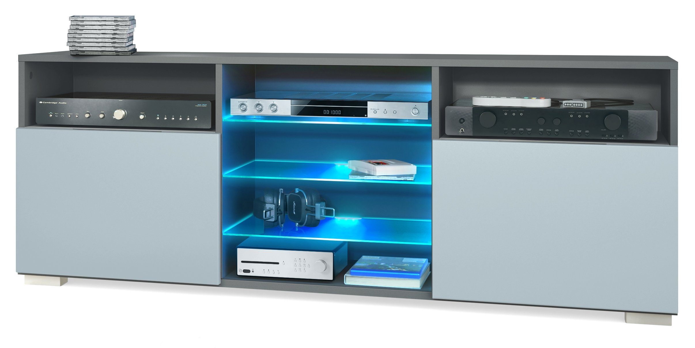 Vladon Lowboard Granada (TV-Kommode, mit 2 Türen und 6 offenen Fächern), Anthrazit matt, Denim matt