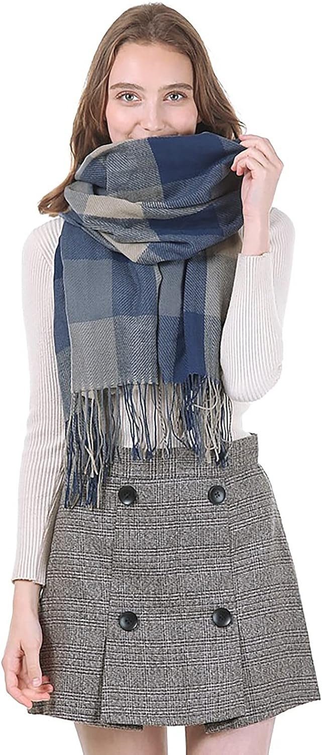 Damen Winter Alster im Oversize Schal ideal mit Look, Blau-Grau für A0320, Modeschal Fransen, Alster Herbst Herz Herz Karierter