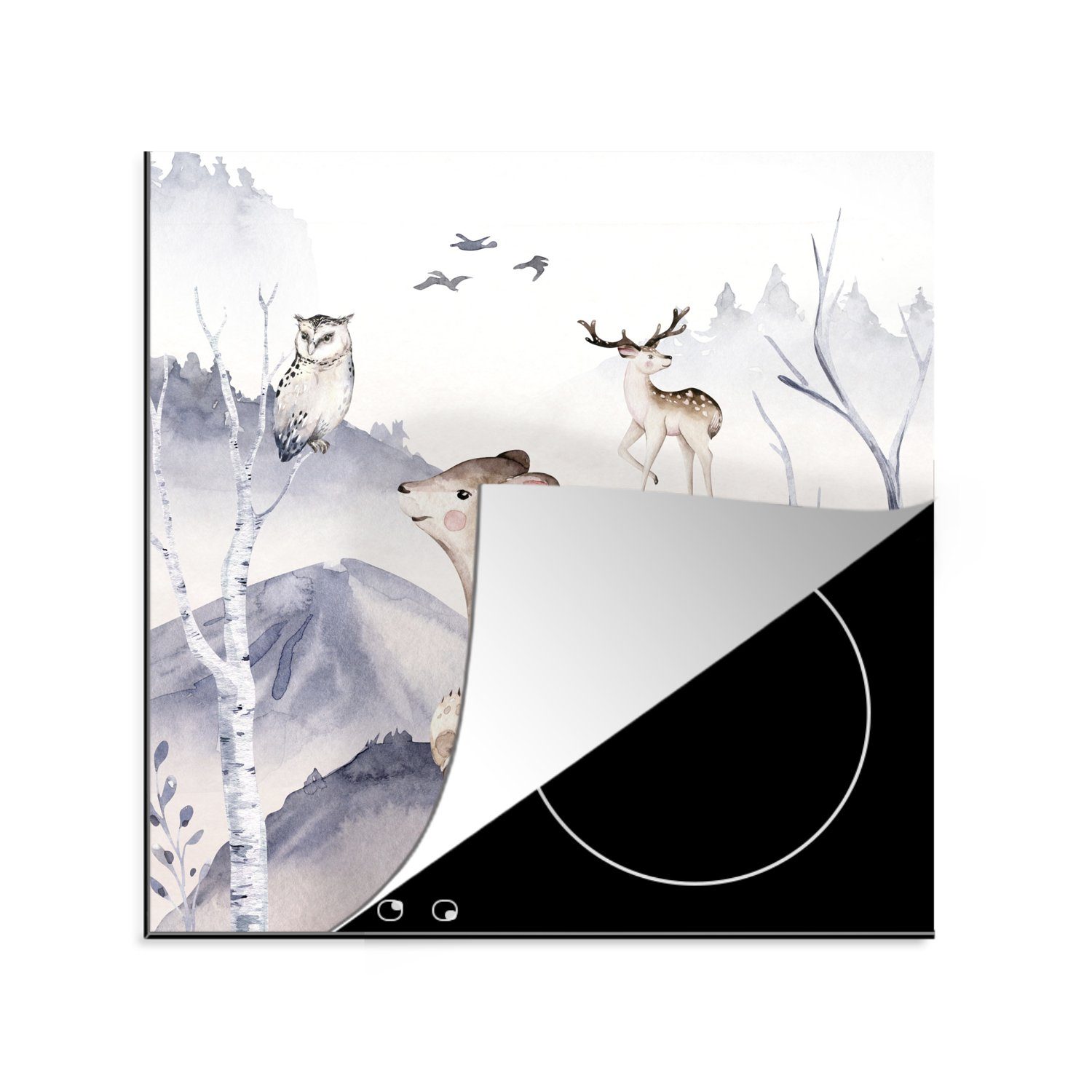 MuchoWow Herdblende-/Abdeckplatte Tiere - Winter - Eule, Vinyl, (1 tlg), 78x78 cm, Ceranfeldabdeckung, Arbeitsplatte für küche