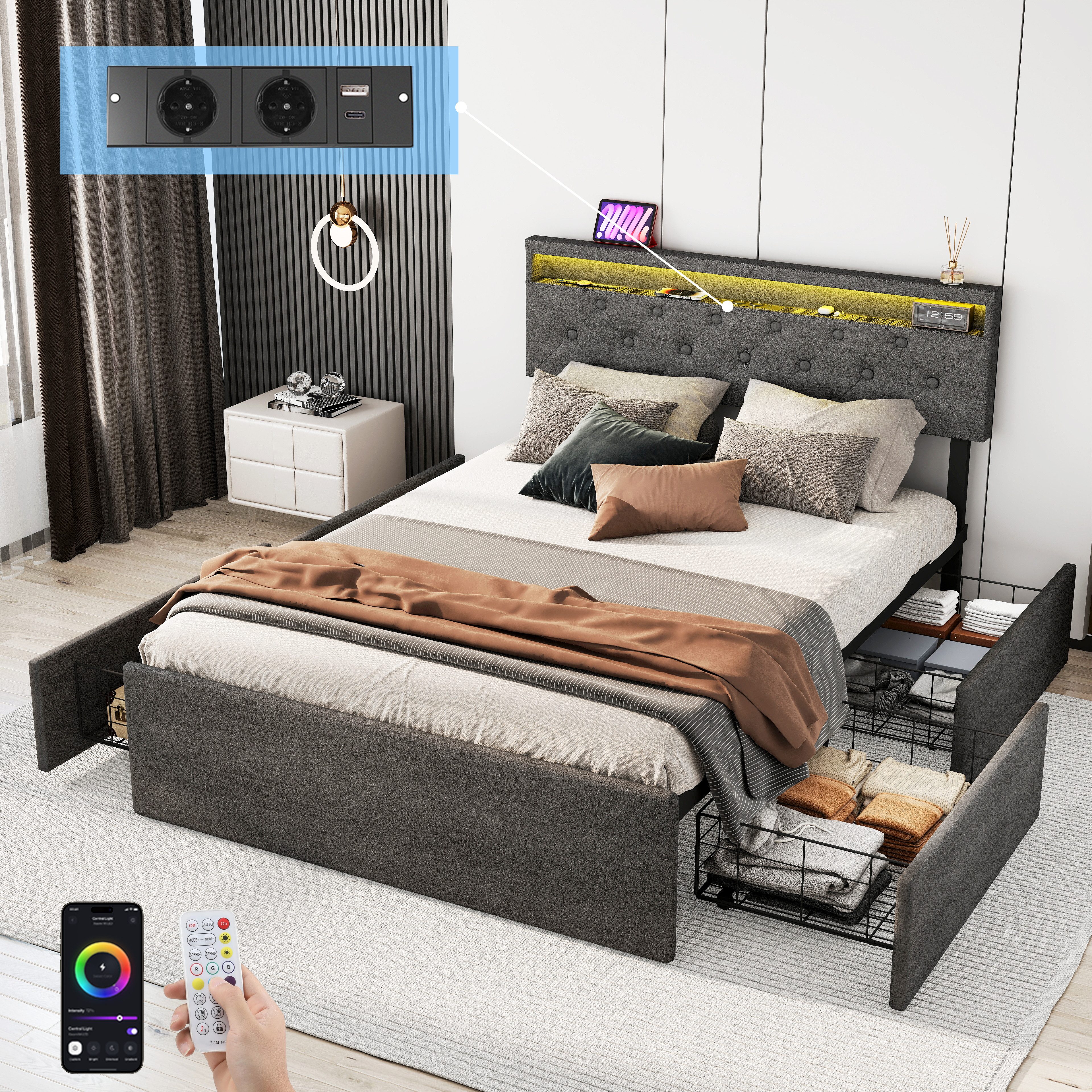 oyajia Polsterbett LED Doppelbett 140x200cm mit Ladefunktion und 4 Schubladen Polsterbett (Modernes Jugendbett, Leises Design Bett, Max. Belastbarkeit 365 kg), 140x200 cm, ausziehbare Bettkästen, LED-Licht, gepolstertes Kopfteil