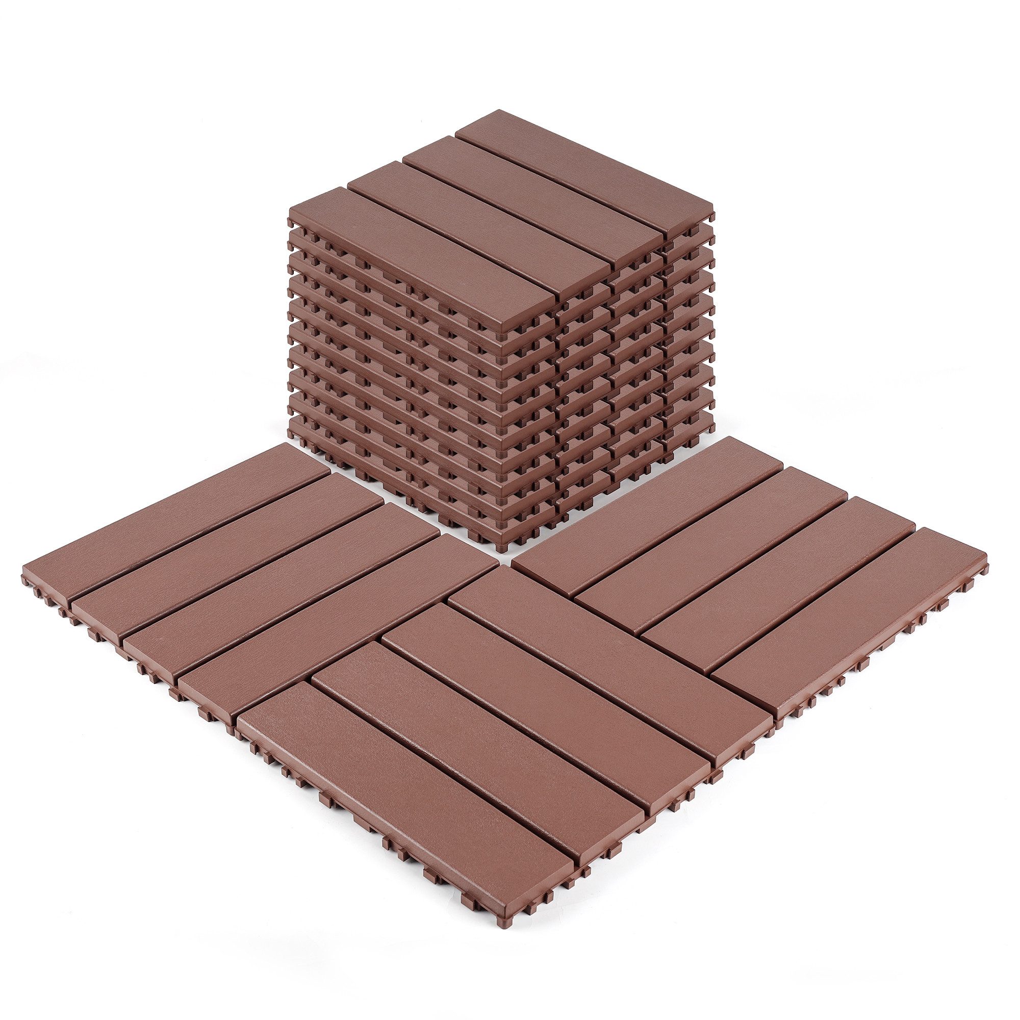 CHICFURN Terrassendielen Ineinandergreifende Kunststoff-Bodenfliesen, 44er Set, BxL: je 30,00x30,00 cm, (Packung, 44-St., Quadratische Ausführung, wasserfest für Außenbereiche), Poolbereich, Balkon & Garten, 30 x 30 cm, Braun