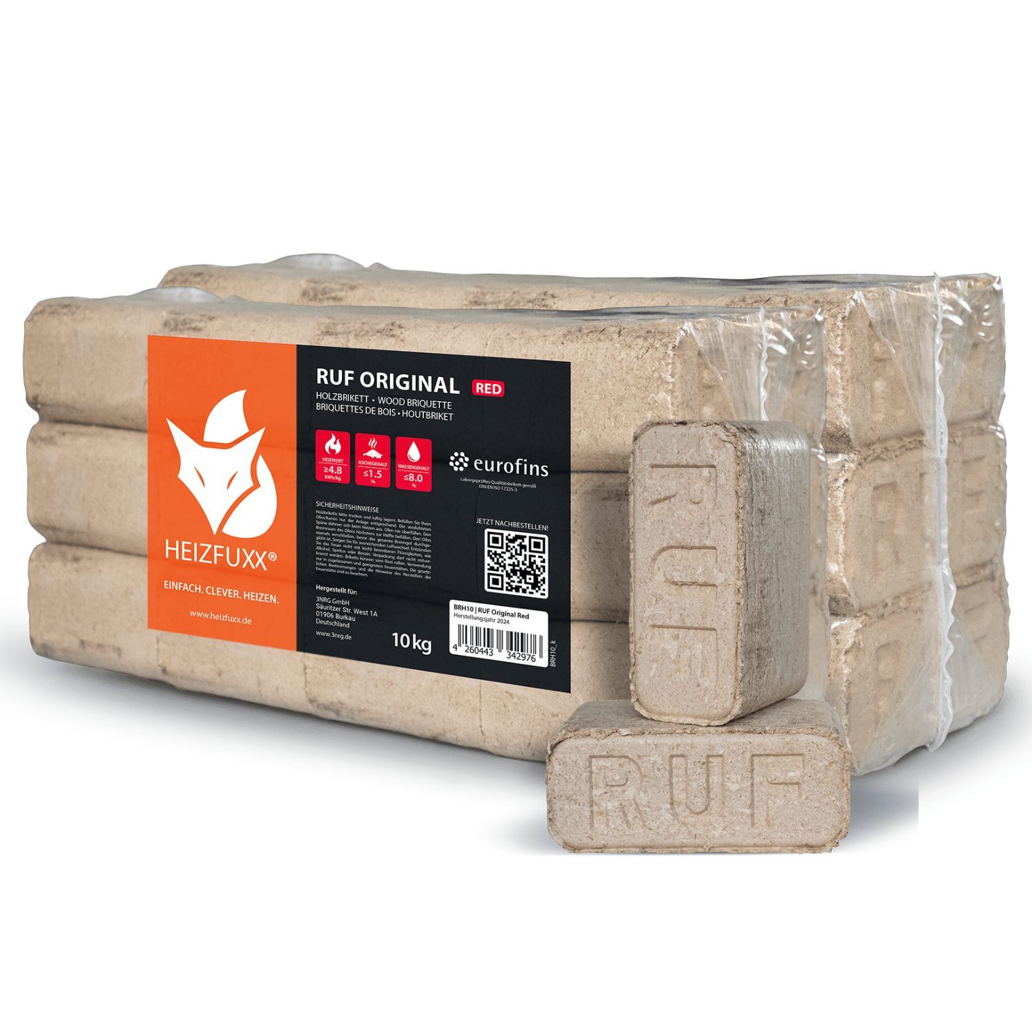 HEIZFUXX Holzbriketts RUF Original Red, 20 kg, (Paket, 2-St)