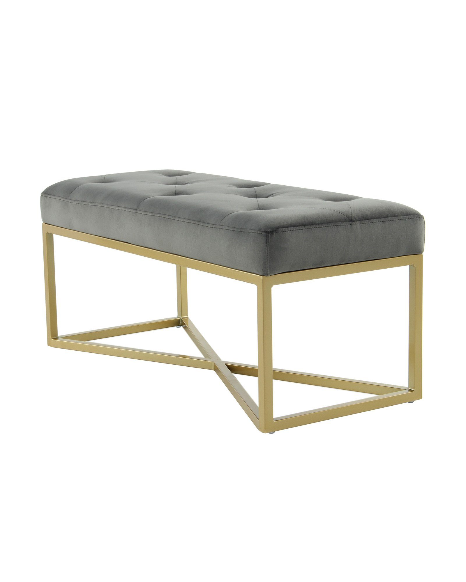 Qiyano Sitzbank Gesteppte Sitz- Polsterbank Barock-Stil Samt mit goldenen Metallfüßen Grau