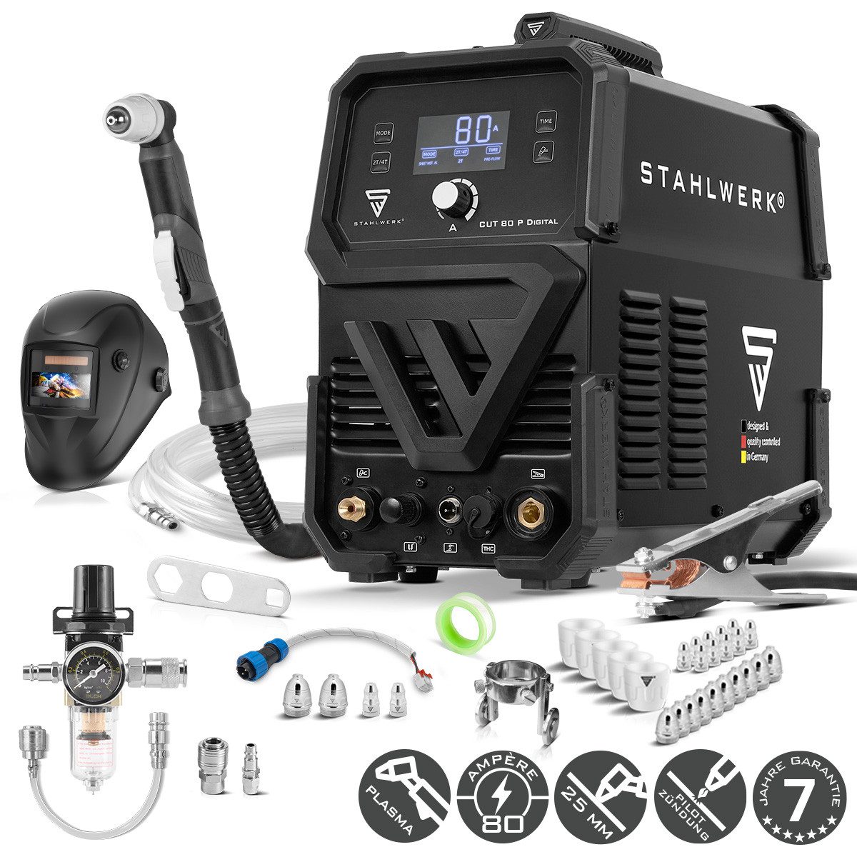 STAHLWERK Plasmaschneidegerät Plasmaschneider CUT 80 P Digital mit 80 A & Schneidleistung bis 25 mm, Packung, 1-tlg., Vollausstattung, bis 25 mm Schneidleistung