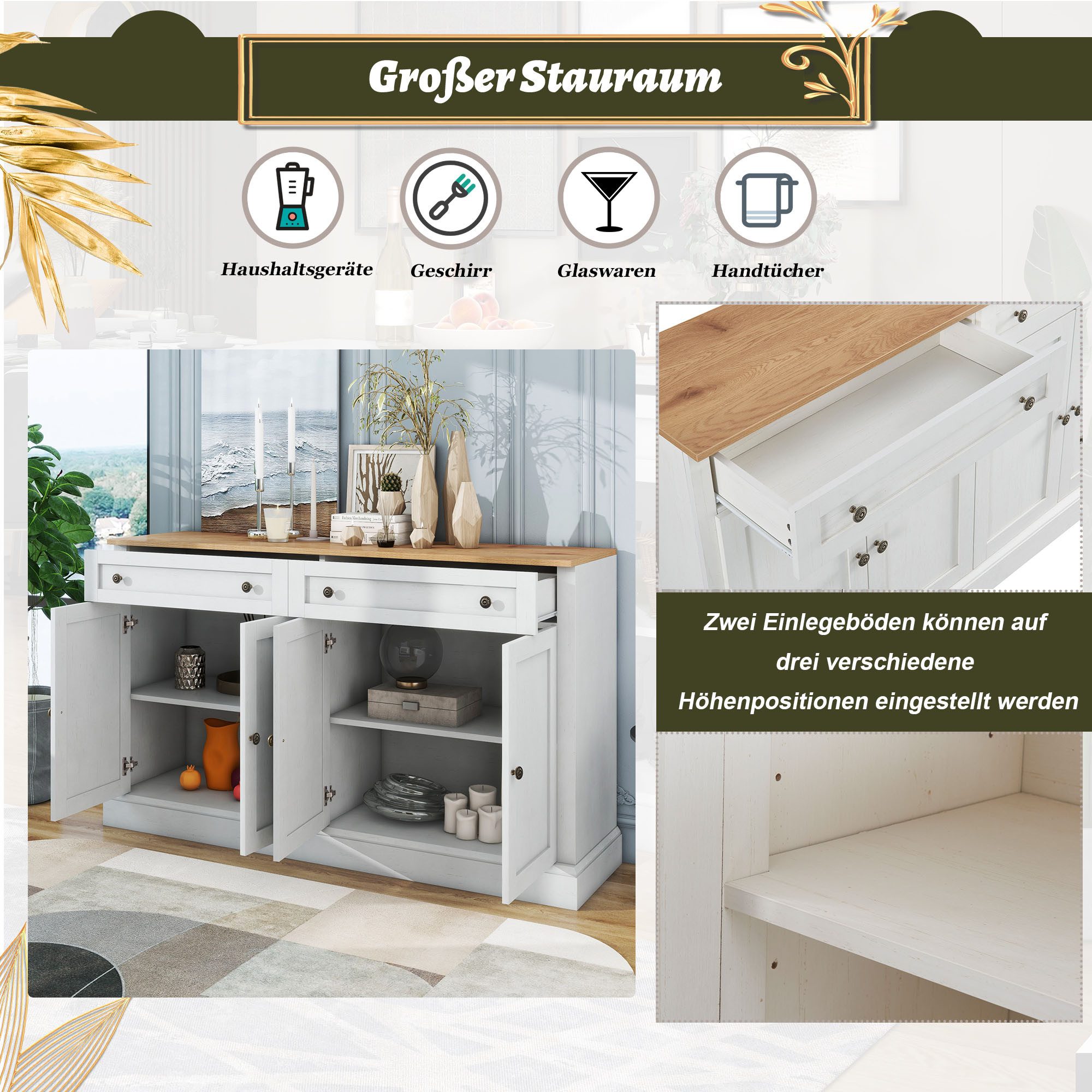 STILVORA Sideboard mit Schubladen,Beistellschrank Aufbewahrungsschrank mit Metallgriff (Schrankkorpus mit Naturholzplatte, Multifunktionaler Buffetschrank für Esszimmer & Wohnzimmer, Elegantes Design für modernes Zuhause, 150 x 86 x 40 cm (L/B/H)