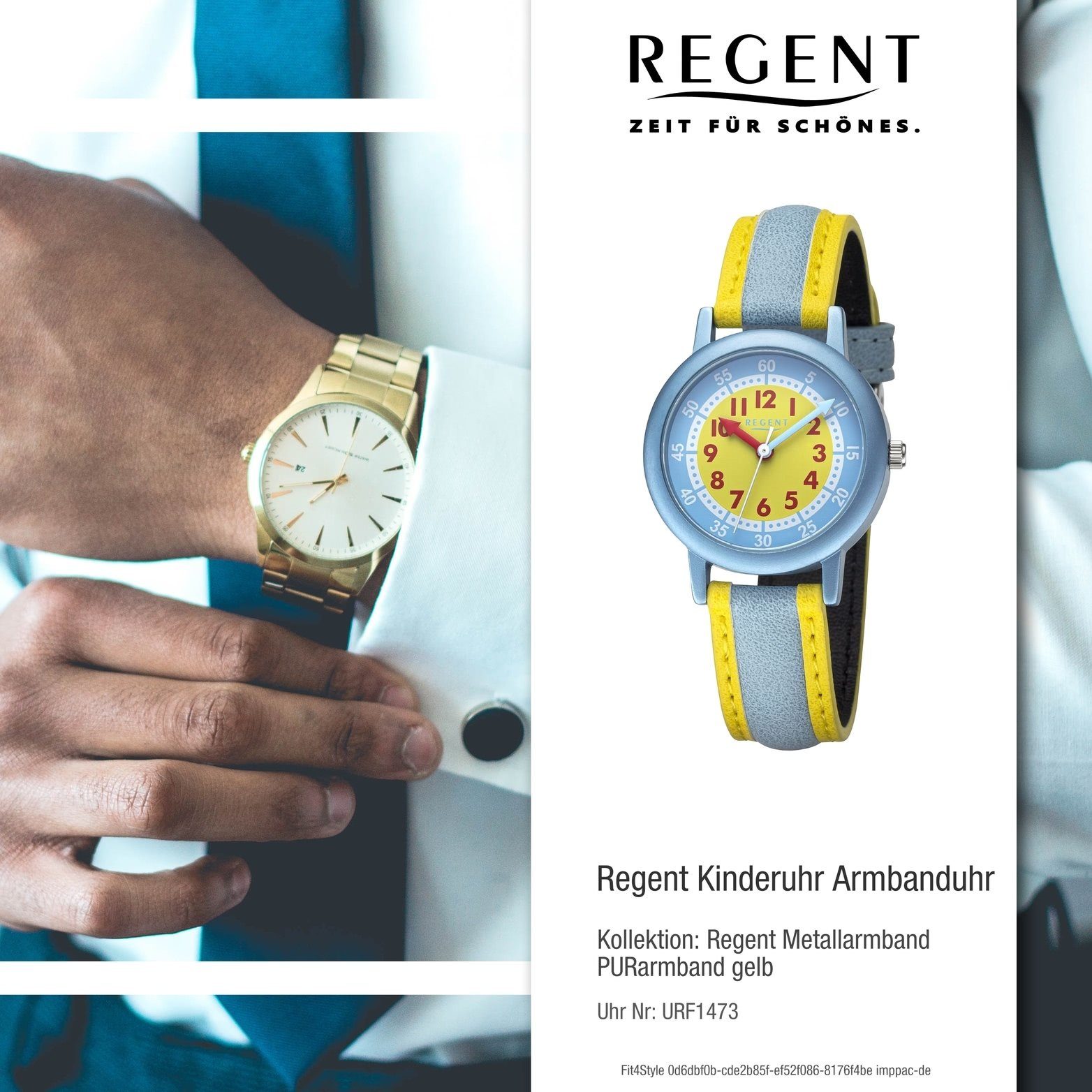 Regent Quarzuhr Regent Kinderuhr Armbanduhr Analog, Kinderuhruhr PURarmband  gelb, hellblau, rundes Gehäuse, groß (29,5mm)