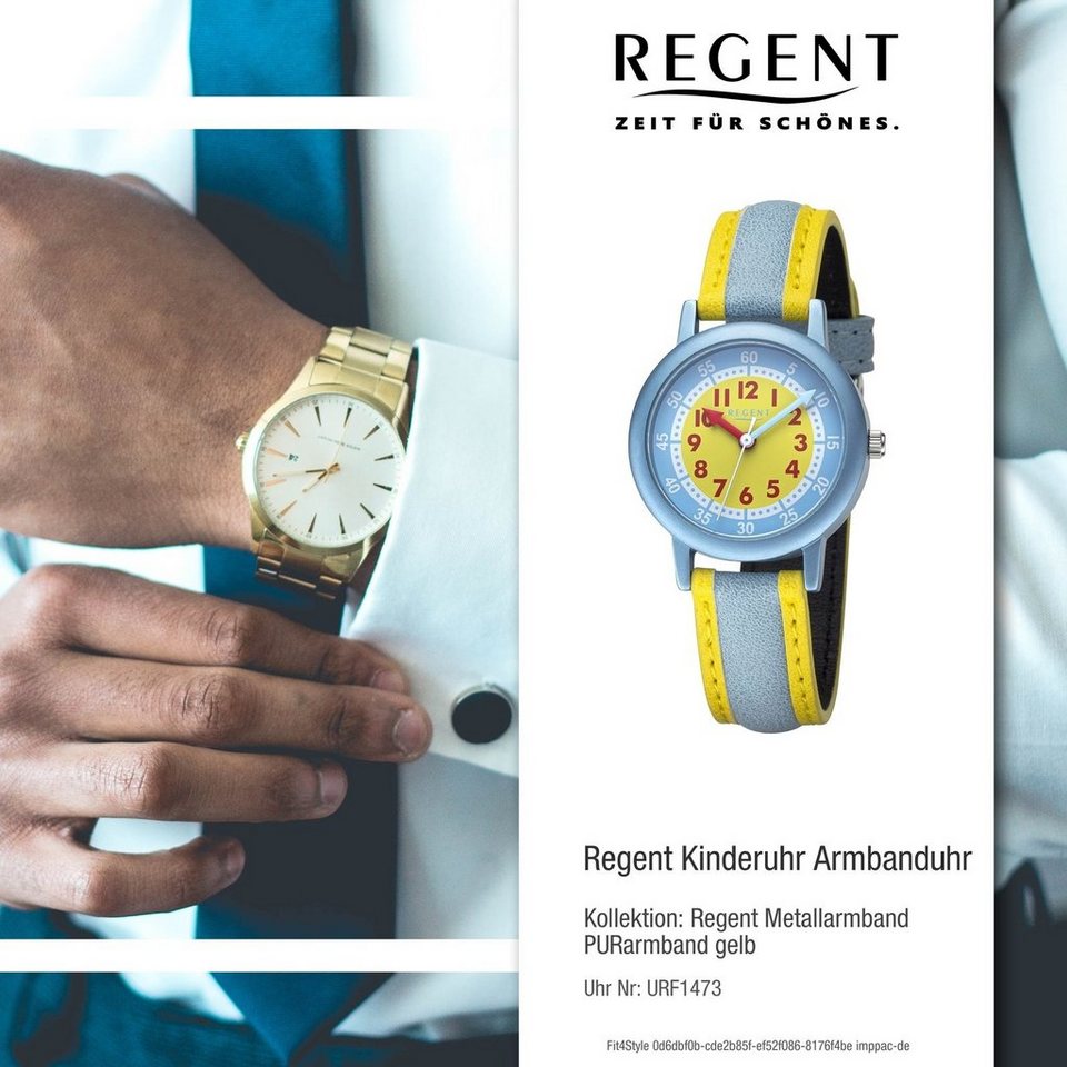 Regent Quarzuhr Regent Kinderuhr Armbanduhr Analog, Kinderuhruhr PURarmband  gelb, hellblau, rundes Gehäuse, groß (29,5mm)