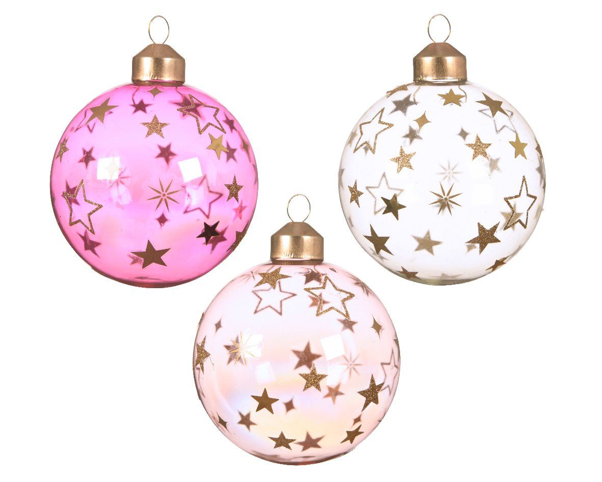 Decoris season decorations Weihnachtsbaumkugel, Weihnachtskugeln Glas 8cm mit Sternen Muster 3er Set rosa transparent