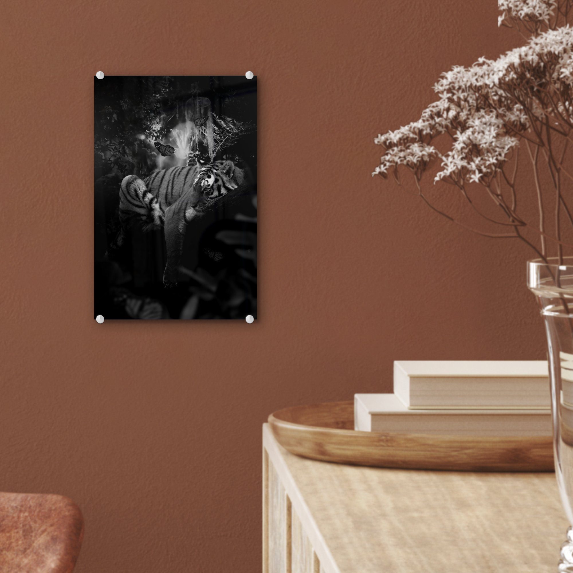 MuchoWow Acrylglasbild Tiger St), weiß, Wandbild Glas auf Wanddekoration - und Bilder Dschungel - schwarz Foto - und auf Glasbilder (1 Glas - im bunt Schmetterlinge