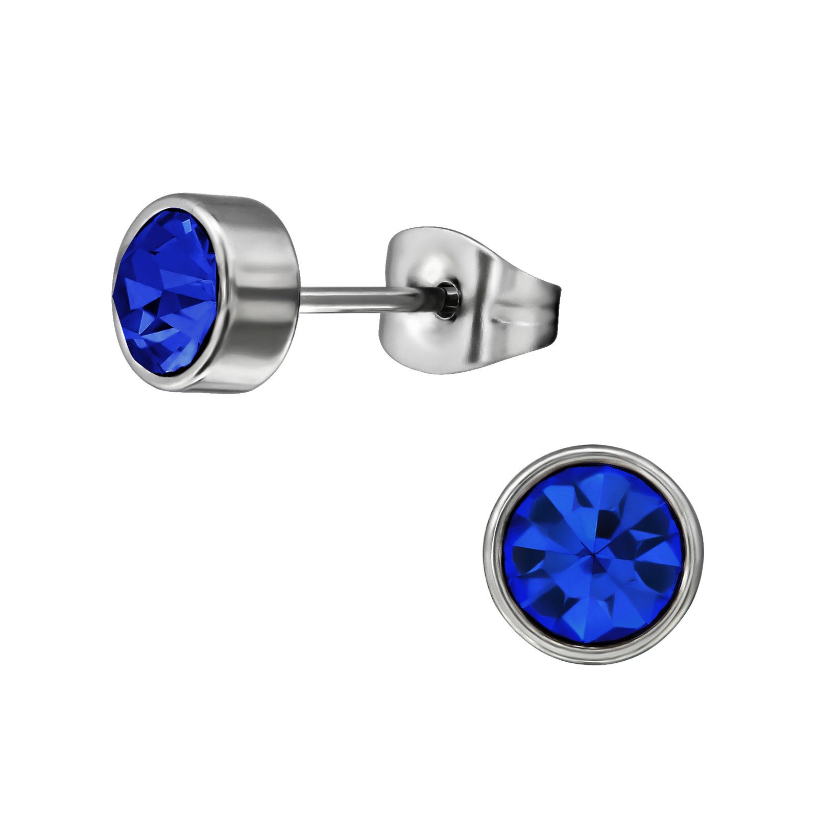 Ohrring-Set Ohrstecker rund 7mm Silber mit blauem Kristall aus Edelstahl für Damen