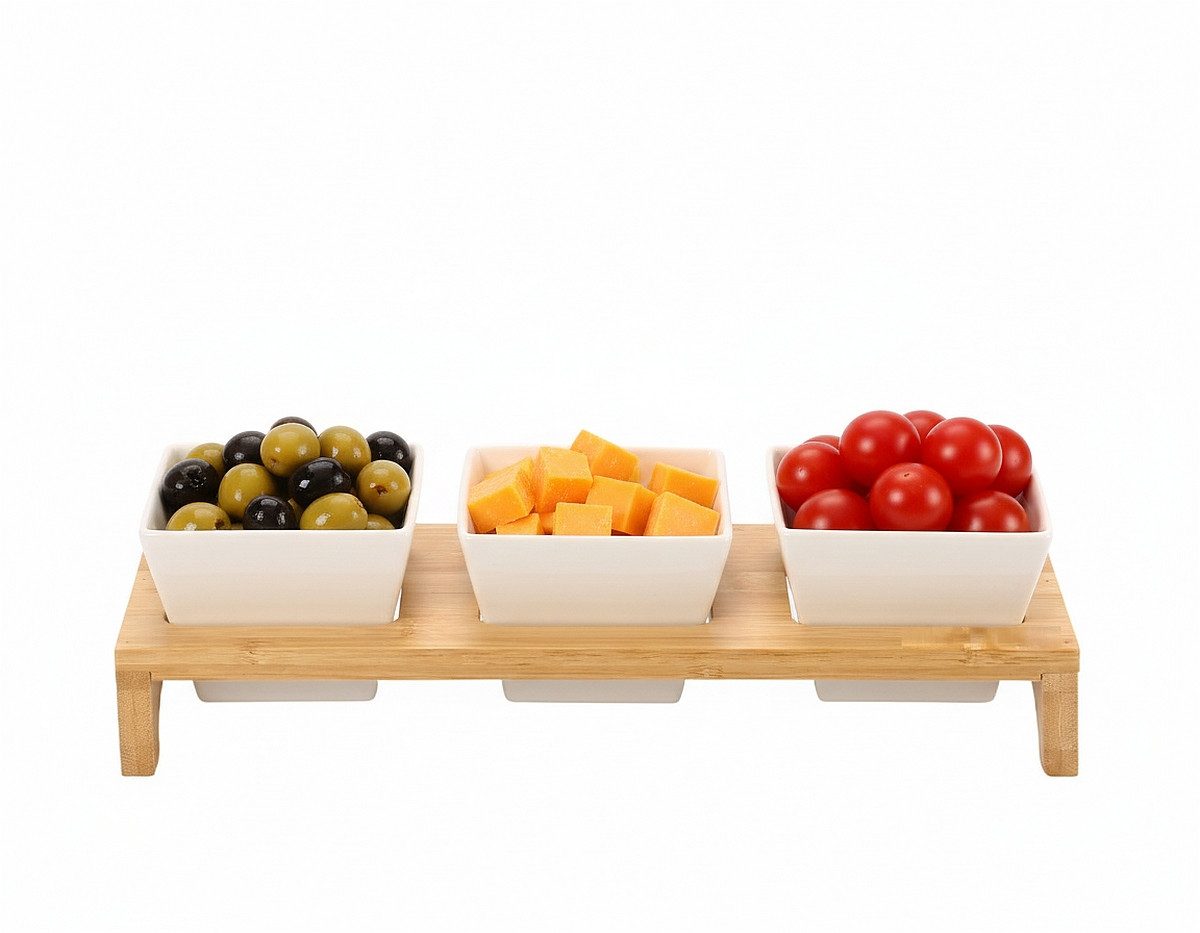 Cheffinger Servierschale Servierset Snackschalen Dipschalen Servierschalen mit Ständer, Material: Keramik, Holz