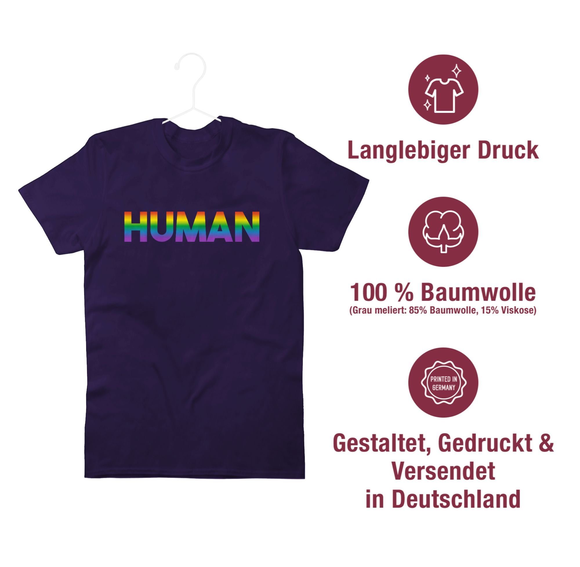 Shirtracer T-Shirt Human - Regenbogen Kleidung Schriftzug 03 LGBT Lila 