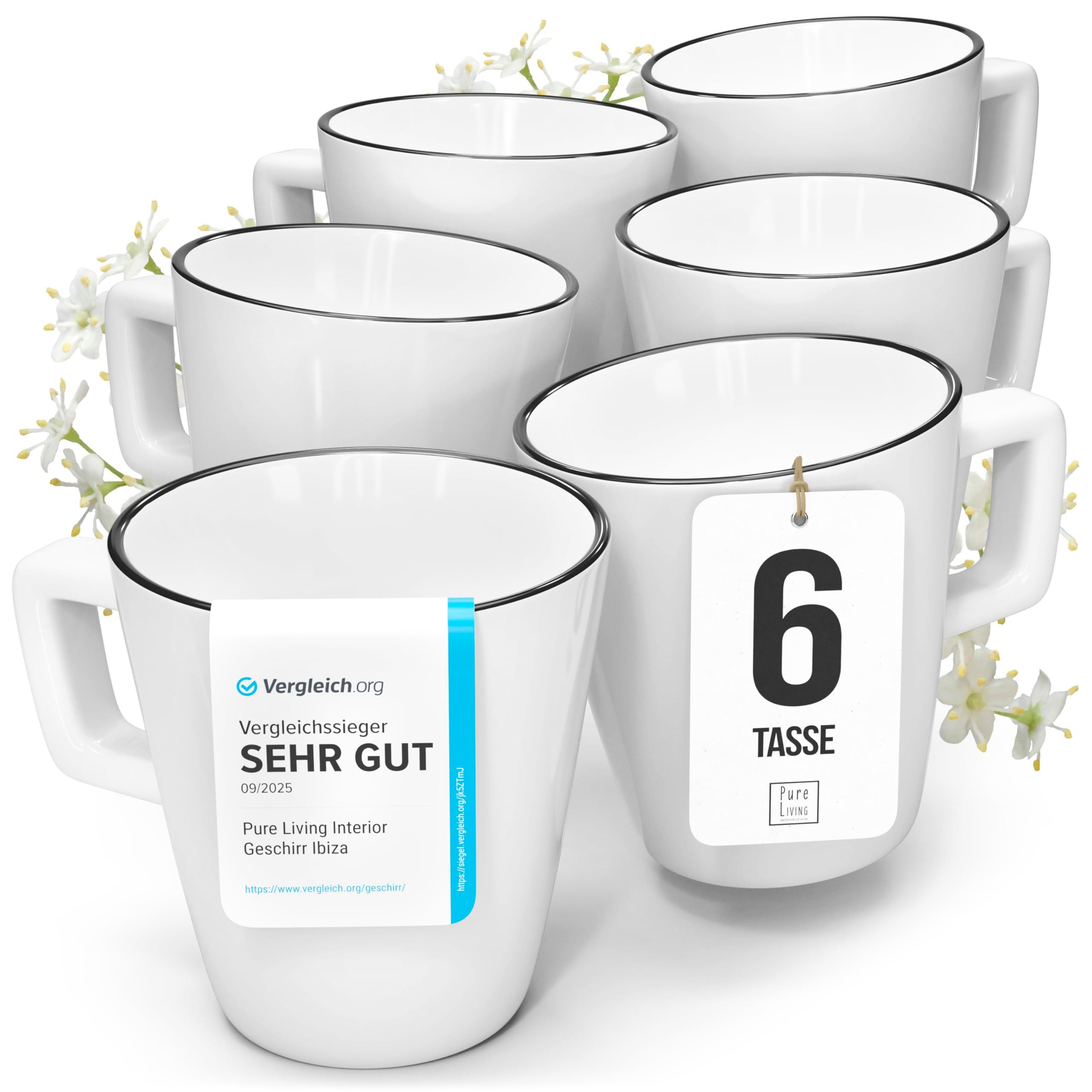 PURE LIVING INTERIOR DESIGN Geschirr-Set Porzellan Kaffeetassen 6 Personen Scandi TESTSIEGER, Traumhaftes skand (6-tlg), 6 Personen, Porzellan, Zeitloses skandinavisches Design, Eleganter schwarzer Rand, Minimalis…