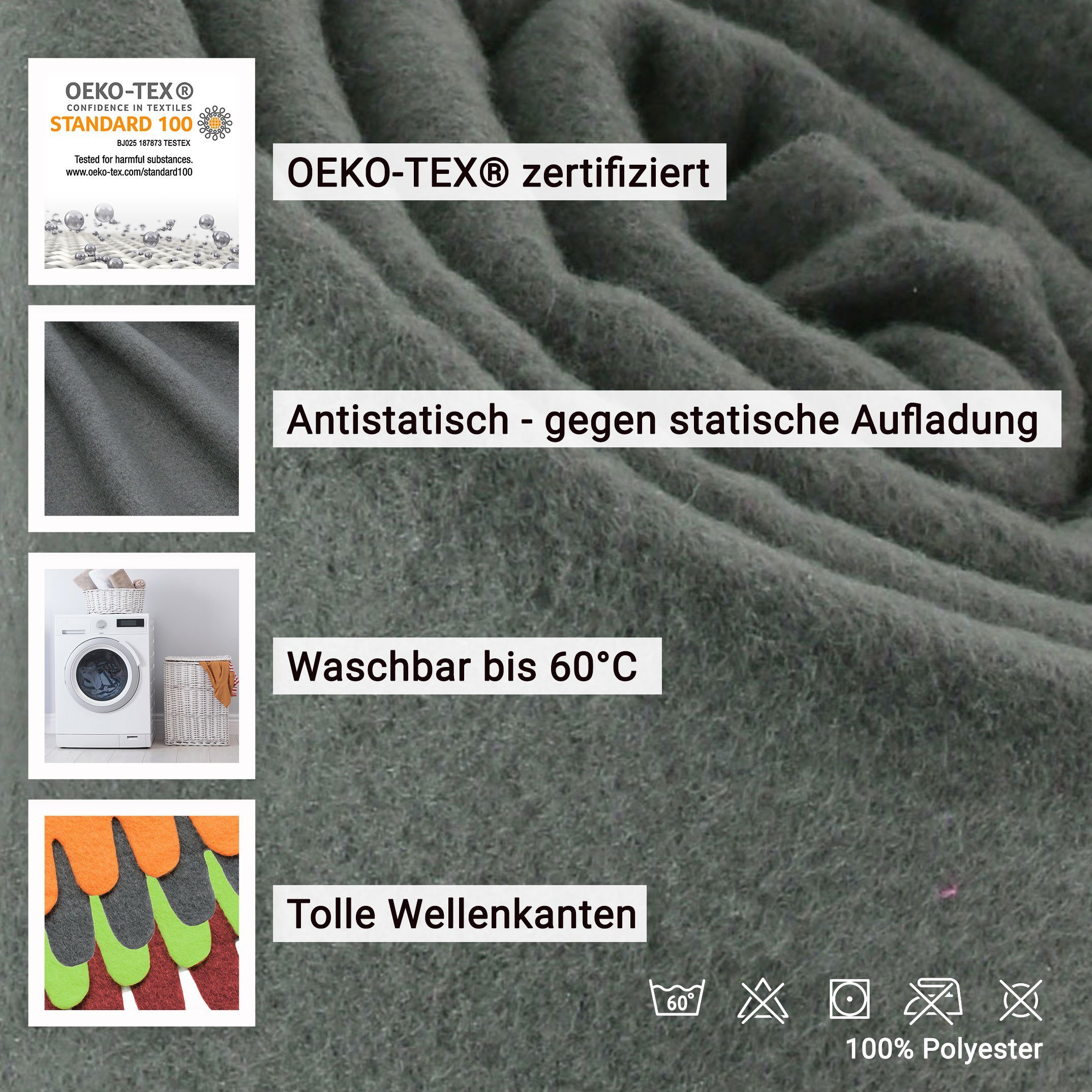 in 170 x 100% vielen Polyester, Wohndecke, stylische anthrazit Wellenkante, 130 ZOLLNER, Farben In cm, verfügbar Farben verfügbar, vielen