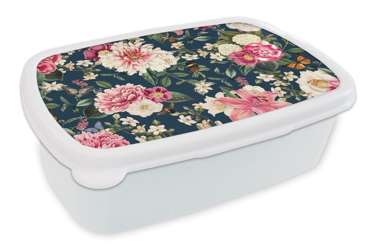 MuchoWow Lunchbox Muster - Rose - Blätter, Kunststoff, (2-tlg), Brotbox für Kinder und Erwachsene, Brotdose, für Jungs und Mädchen weiß