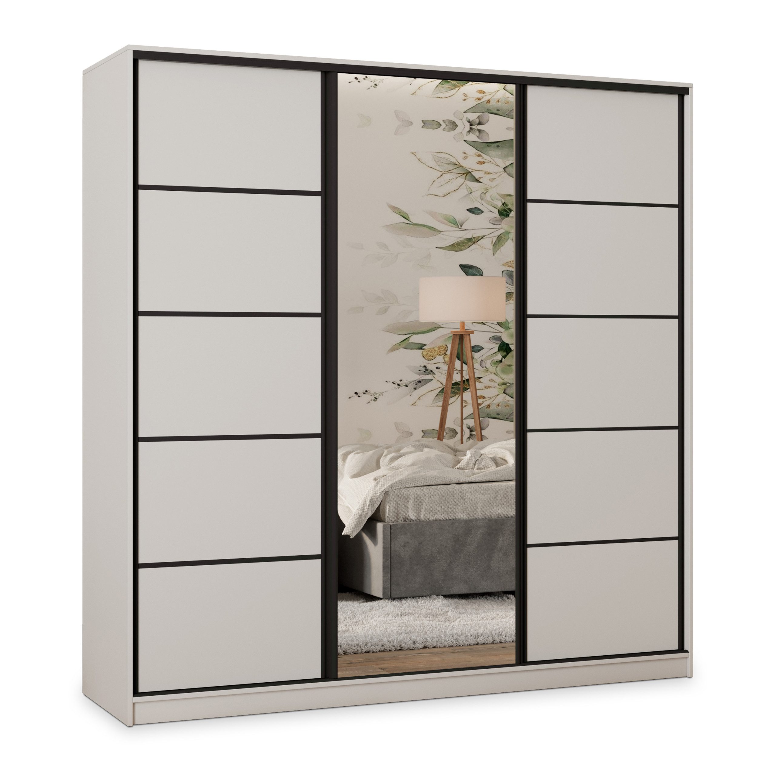 Masseno Schwebetürenschrank PINA 200 cm Kleiderschrank mit Spiegel 3 Türen und 4 Schubladen Weiß