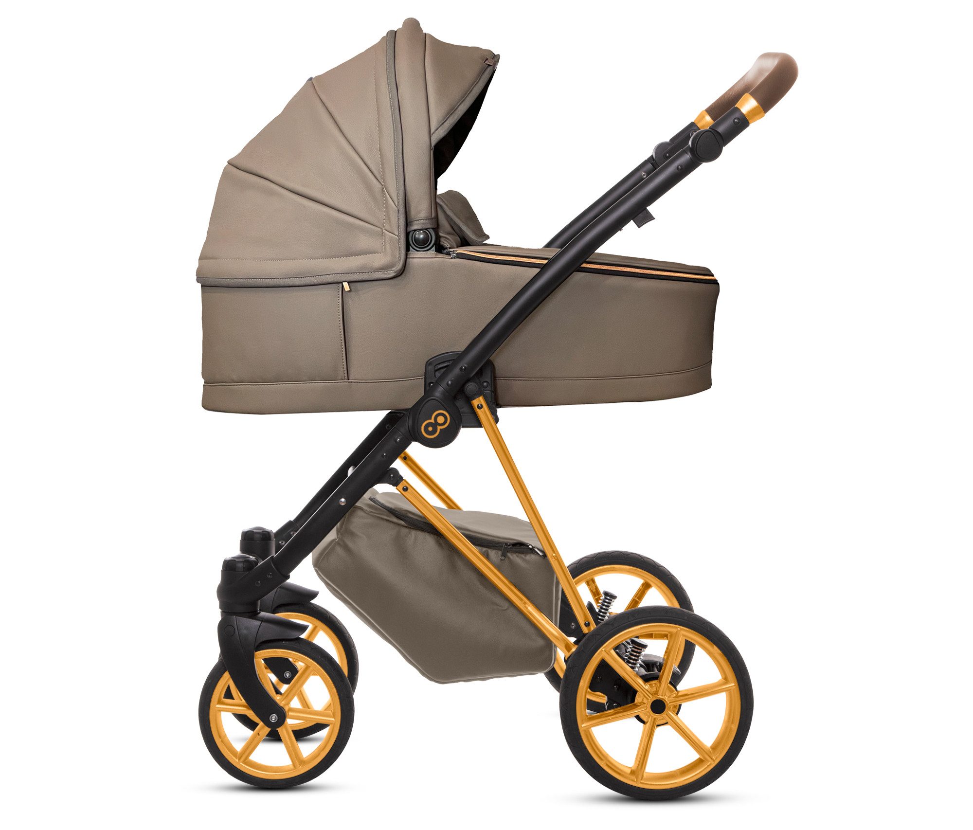 TPFFamily Kombi-Kinderwagen 2in1 Musse Royal, Baby Buggy Babywanne 5-Punkt-Sicherheitsgurt, Zubehör-Set Kinderwagen 2 in 1 Kunstleder Grau, Gestell Gold