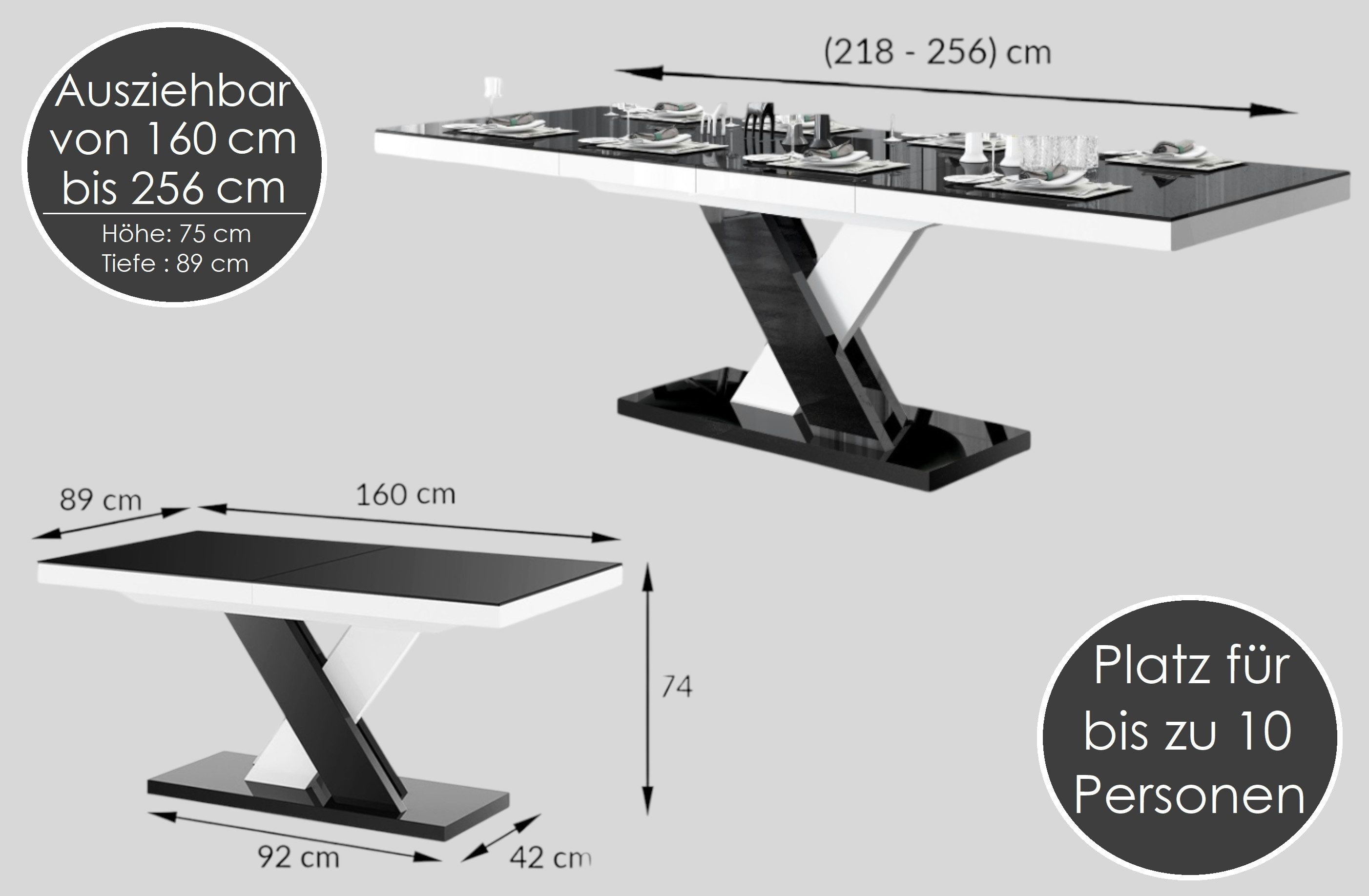 designimpex Esstisch Design Tisch HEN-111 Grau Beton - Weiß Hochglanz ausziehbar 160-256 cm