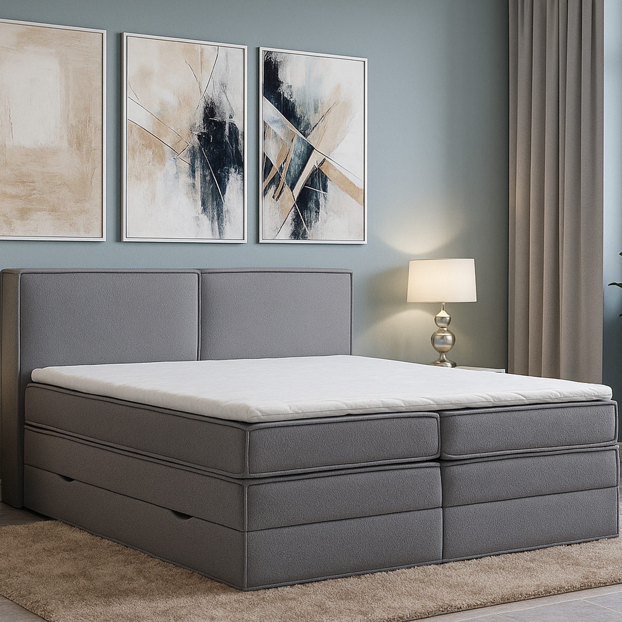 M-Punkt24 Boxspringbett KAIRO (140 x 200 cm, Boucle` Anthrazit), mit Visco Topper Bett Bettkasten Taschenfederkern