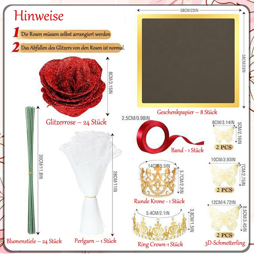 Kunstblume 24 Stück Glitzer-Rosenstrauß, Glitzer Rosen Bouquet, künstliche, Agger, Rosensträuße mit Krone für Geschenke Hochzeitstag Geburtstag