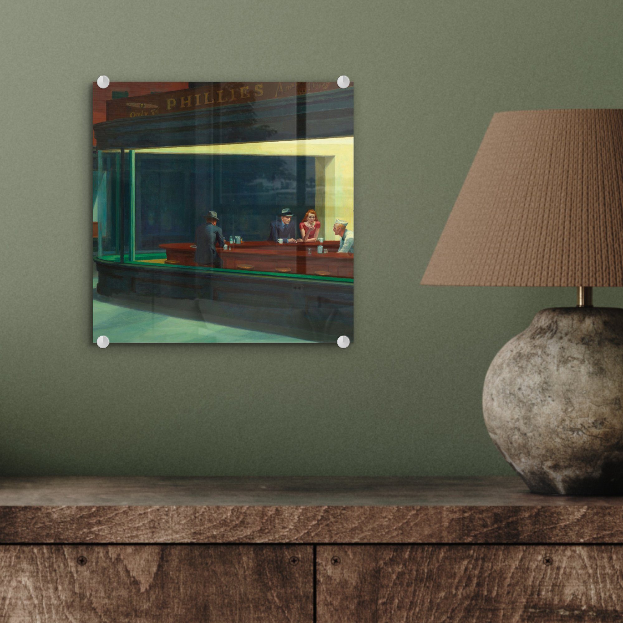 MuchoWow Acrylglasbild Nighthawks - Edward auf Glas St), Wandbild Foto Glasbilder Wanddekoration Bilder - - Glas Hopper, - auf (1