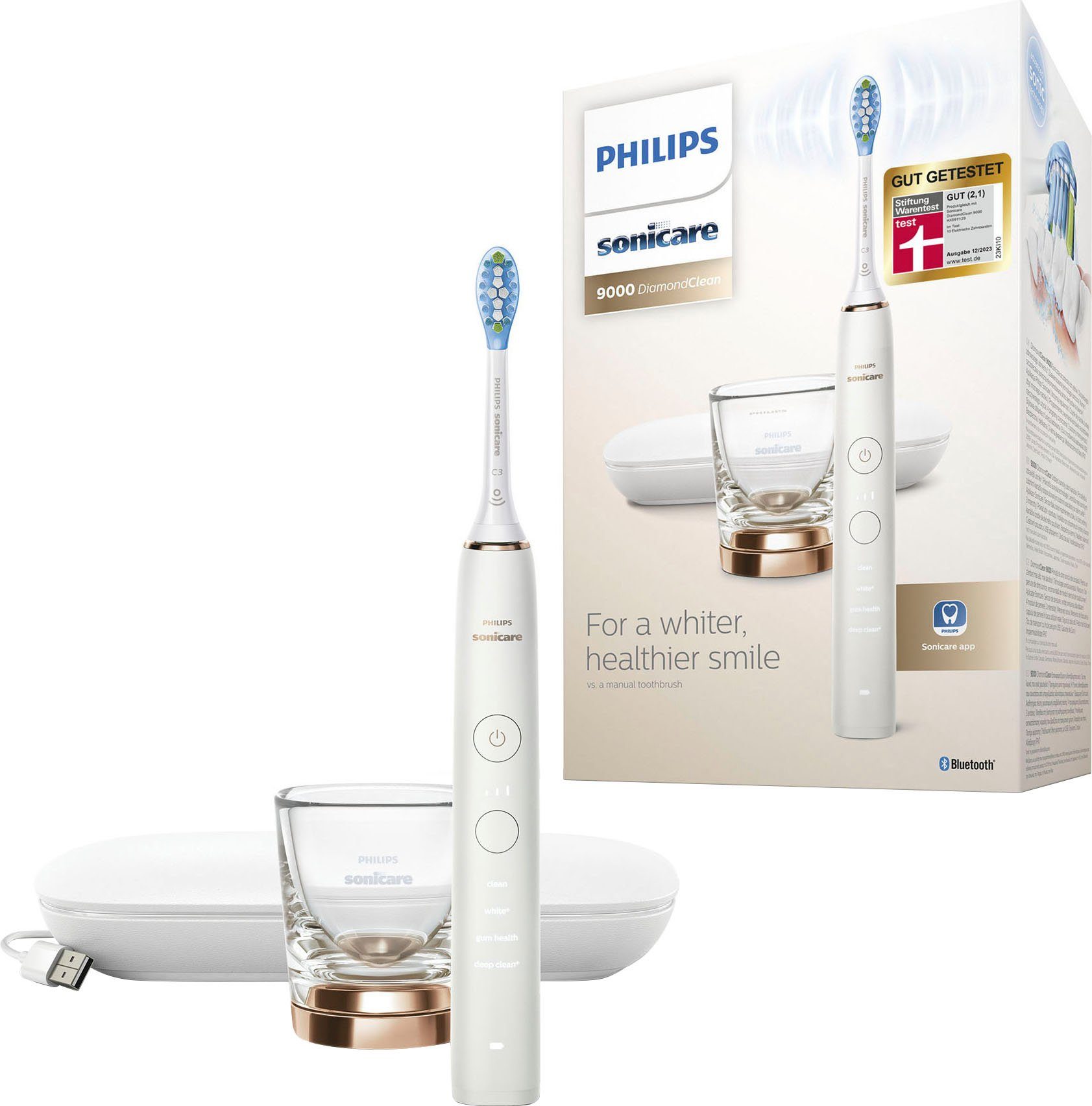 Philips Sonicare Elektrische Zahnbürste DiamondClean 9000 HX9911, Aufsteckbürsten: 1 St., mit Schalltechnologie, Ladeglass, USB-Reiseetui