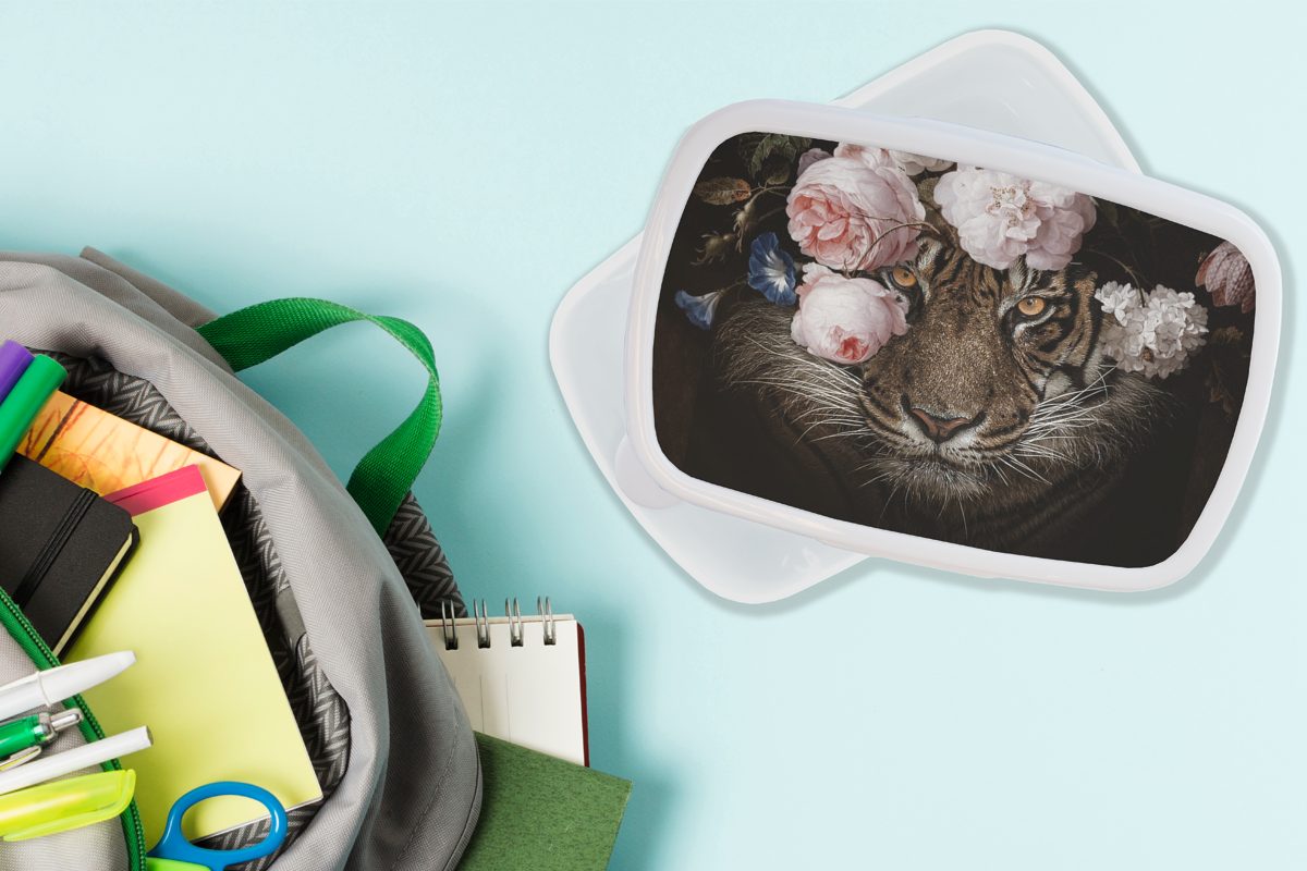 MuchoWow Lunchbox Tiger - - Porträt, Erwachsene, Mädchen Brotbox Jungs und Brotdose, für Kinder für Kunststoff, und weiß (2-tlg), Blumen