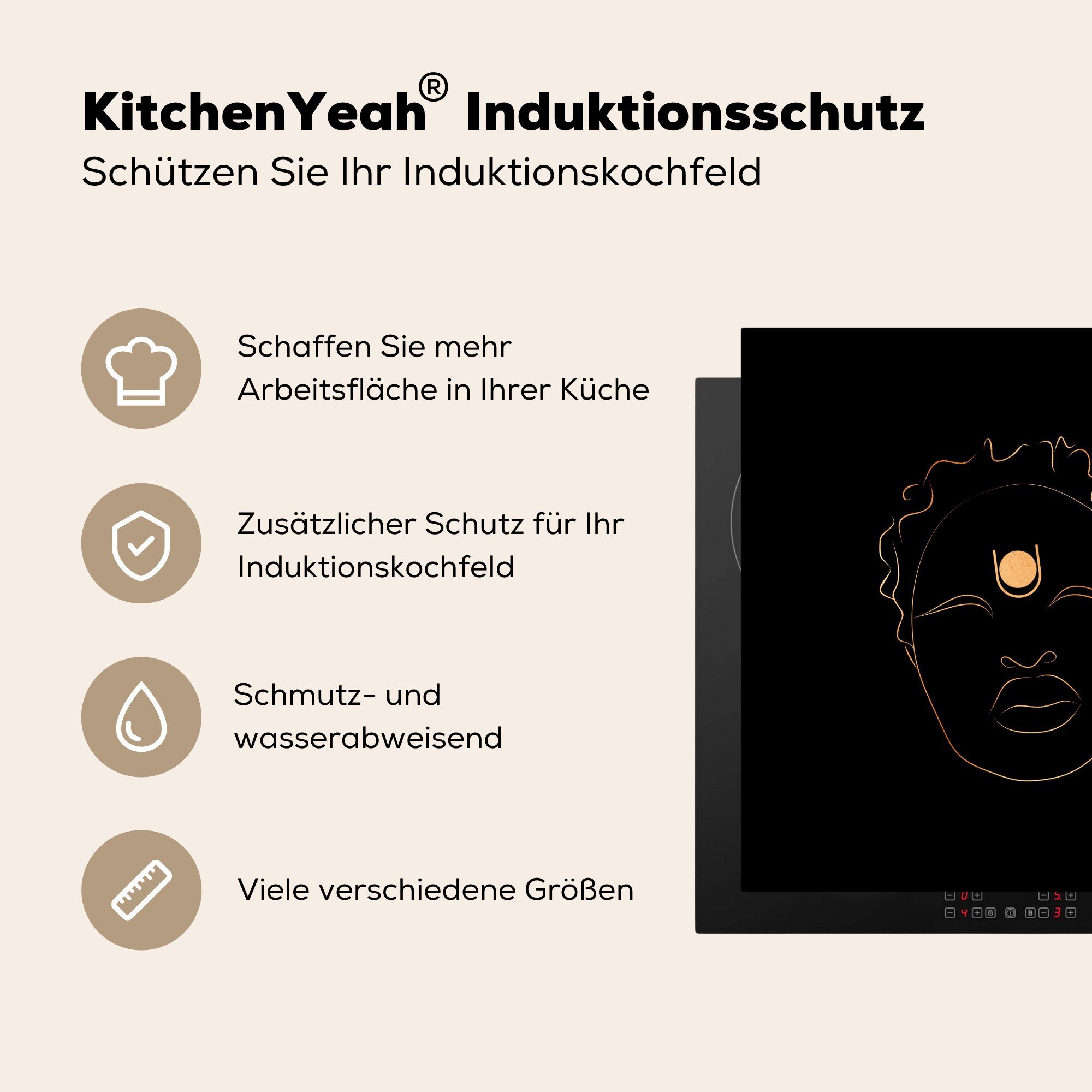 MuchoWow Herdblende-/Abdeckplatte Frau - Gold für - Arbeitsplatte Vinyl, (1 tlg), Strichzeichnung, cm, Ceranfeldabdeckung, 78x78 küche