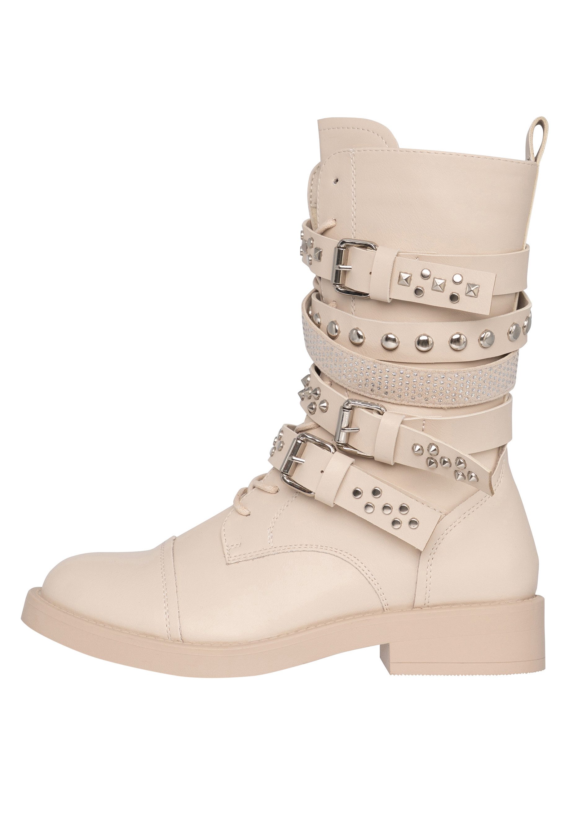 Salinyang Biker Boots mit Nieten, Schnallenriemen und Reißverschluss Stiefel